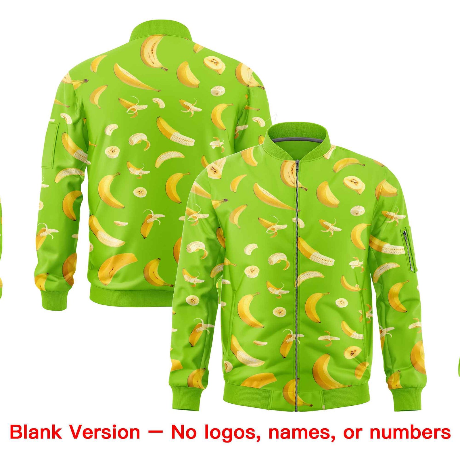 Custom Neon Green Varsity Full-Zip Banana Pattern Letterman Bomber Jacket | Graffiti Pattern | Embroidery&Dye-sublimation printing | KXKSHOP
