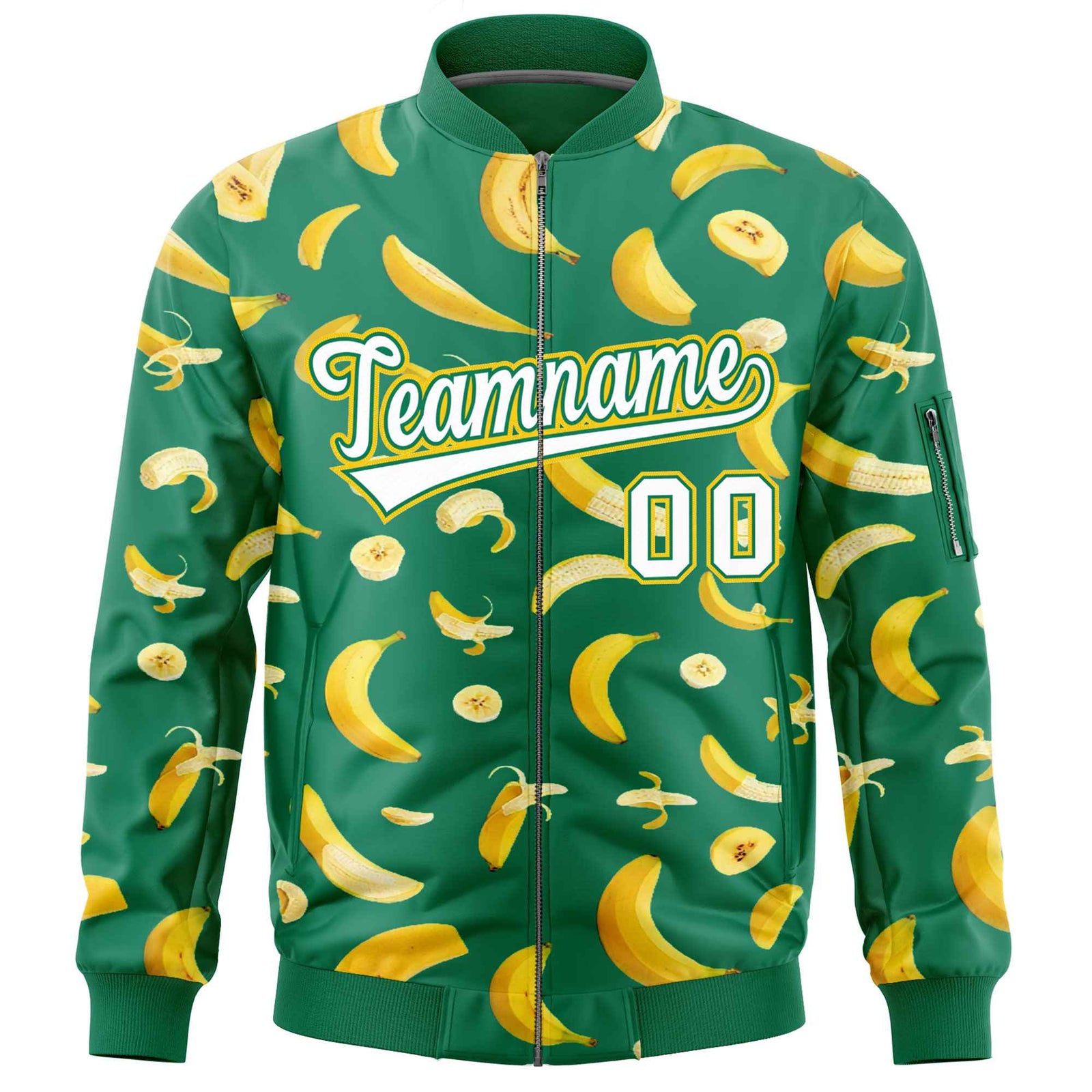 Custom Kelly Green Varsity Full-Zip Banana Pattern Letterman Bomber Jacket | Graffiti Pattern | Embroidery&Dye-sublimation printing | KXKSHOP