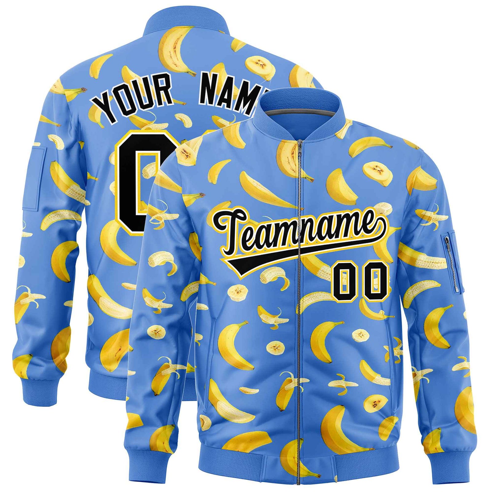 Custom Powder Blue Varsity Full-Zip Banana Pattern Letterman Bomber Jacket | Graffiti Pattern | Embroidery&Dye-sublimation printing | KXKSHOP