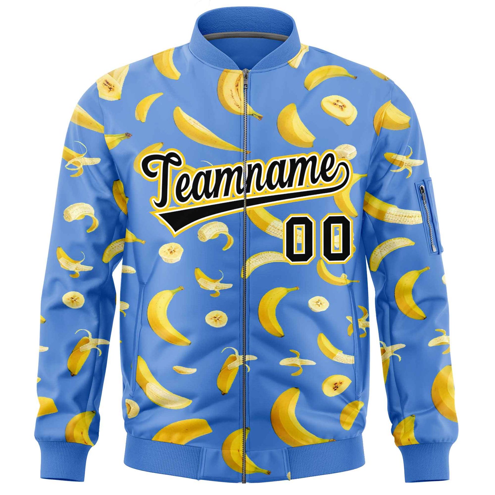 Custom Powder Blue Varsity Full-Zip Banana Pattern Letterman Bomber Jacket | Graffiti Pattern | Embroidery&Dye-sublimation printing | KXKSHOP