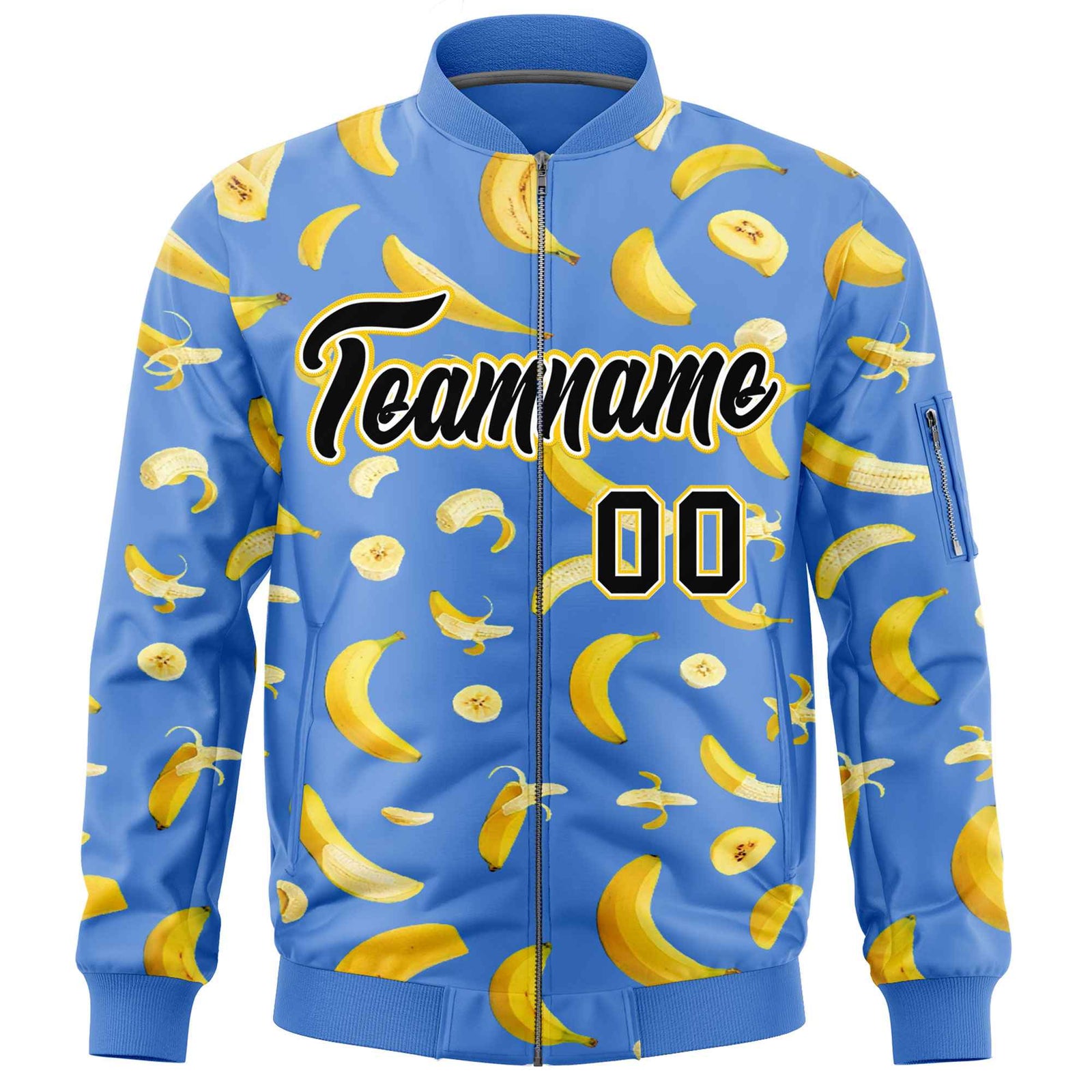 Custom Powder Blue Varsity Full-Zip Banana Pattern Letterman Bomber Jacket | Graffiti Pattern | Embroidery&Dye-sublimation printing | KXKSHOP