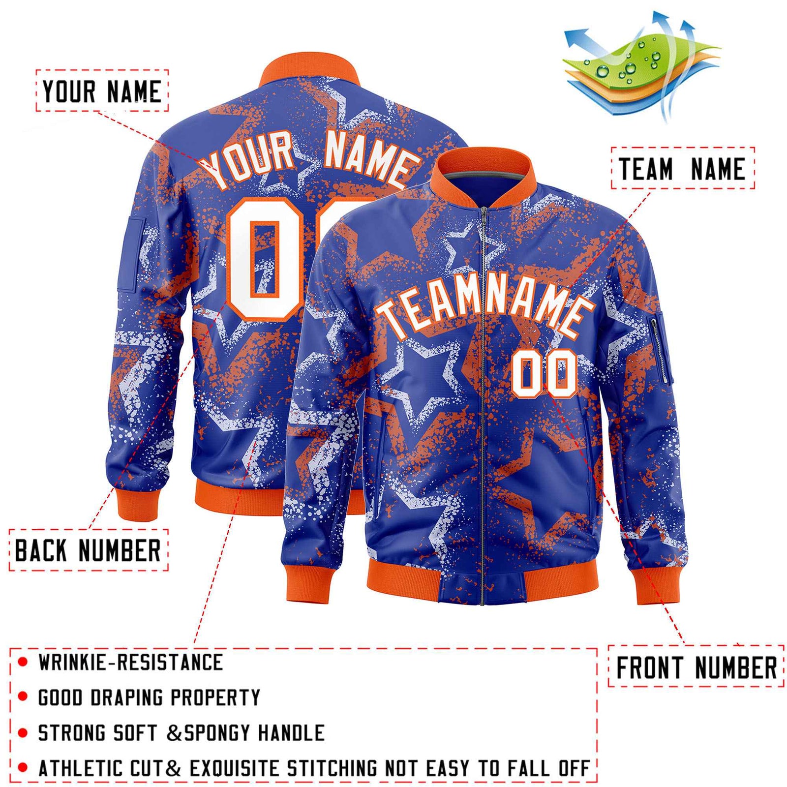 Custom Royal Varsity Full-Zip Star Pattern Letterman Bomber Jacket