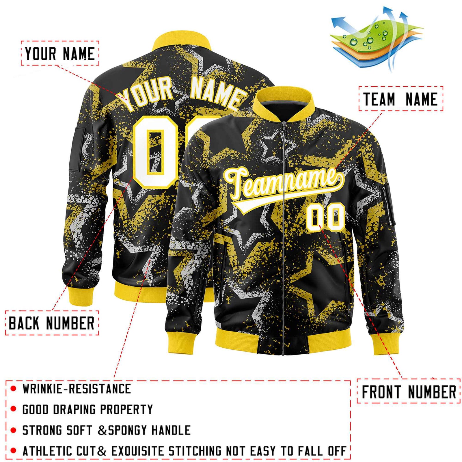 Custom Black Varsity Full-Zip Star Pattern Letterman Bomber Jacket