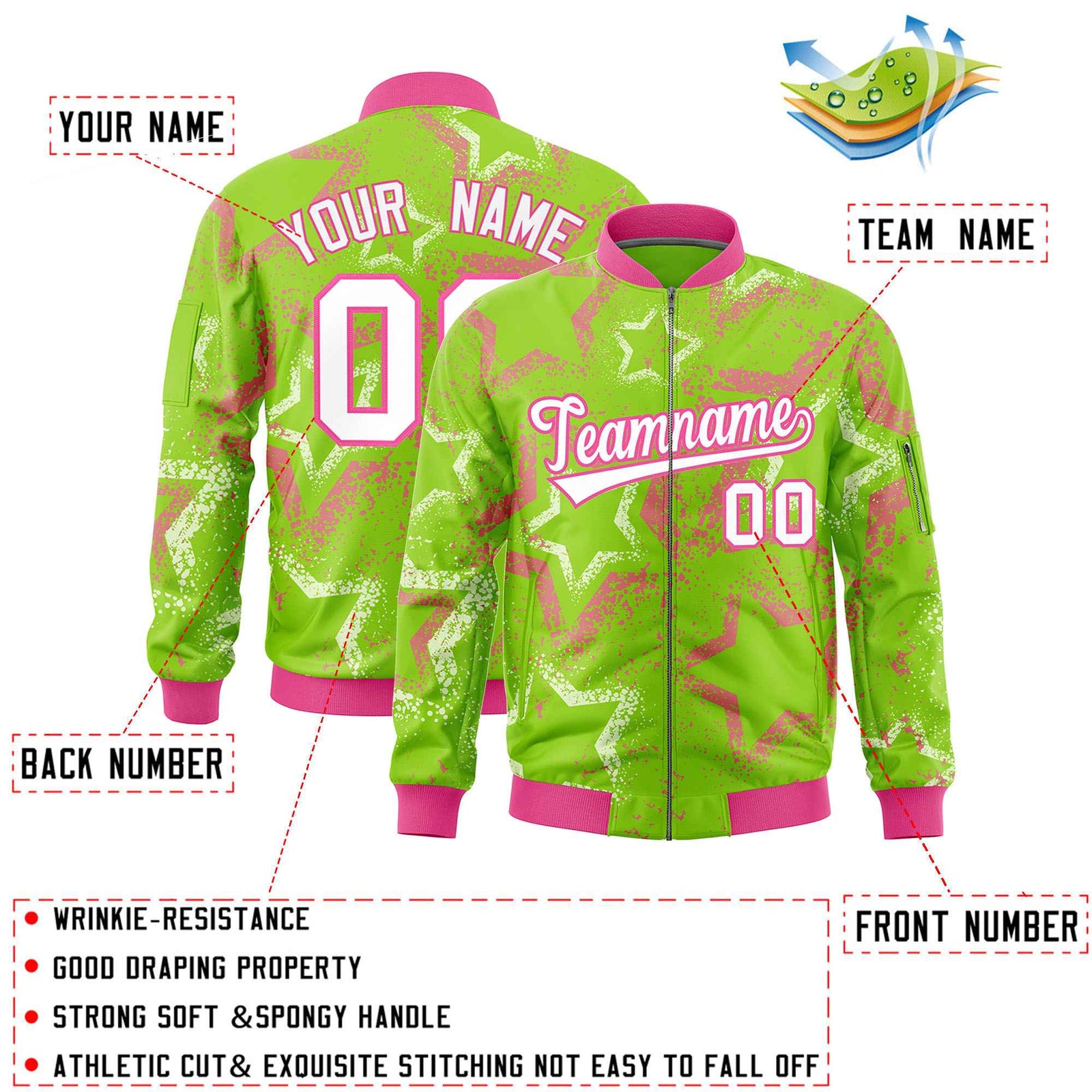 Custom Neon Green Varsity Full-Zip Star Pattern Letterman Bomber Jacket