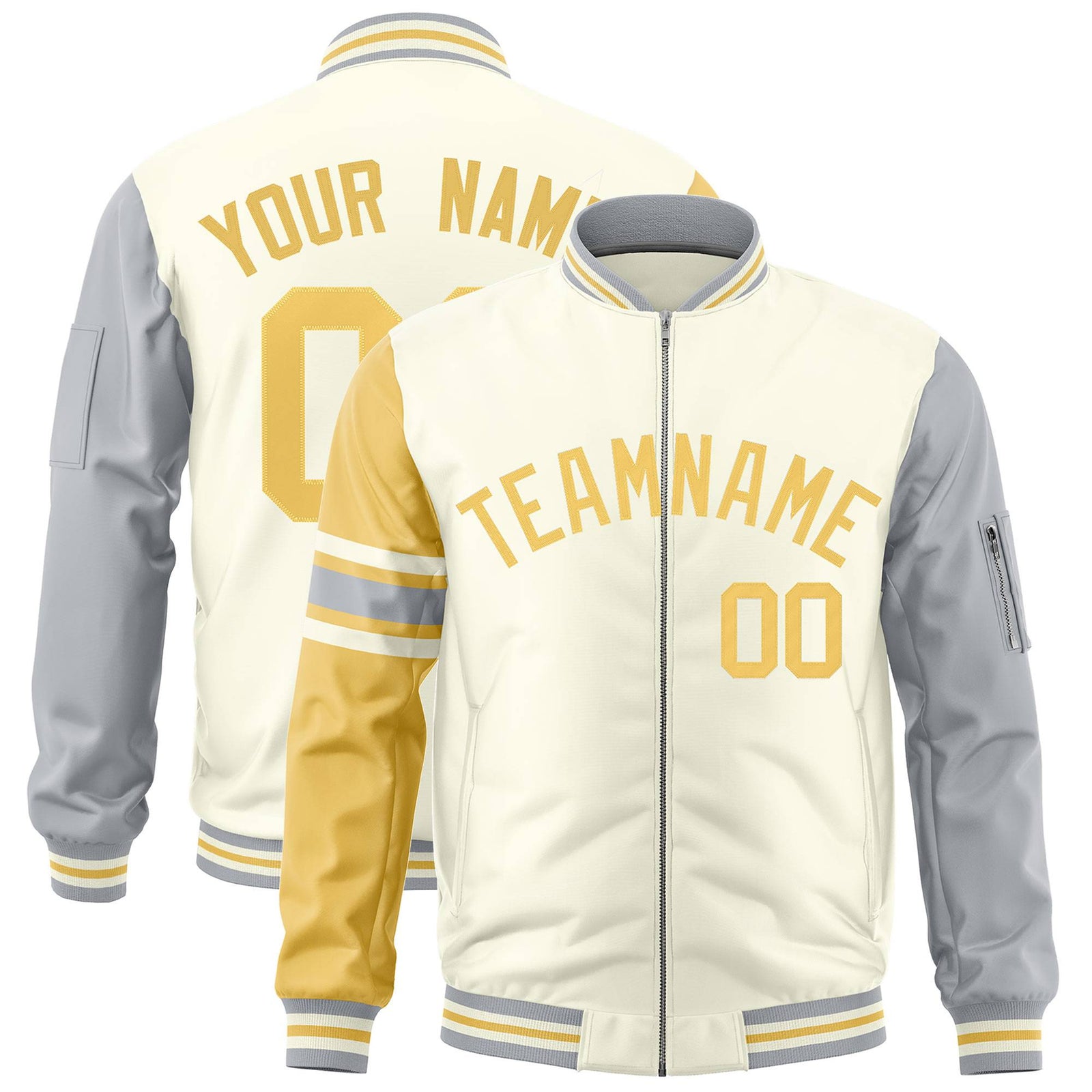 Custom Cream Khaki-Silver Varsity Full-Zip Raglan Sleeves Stripe Letterman Bomber Jacket