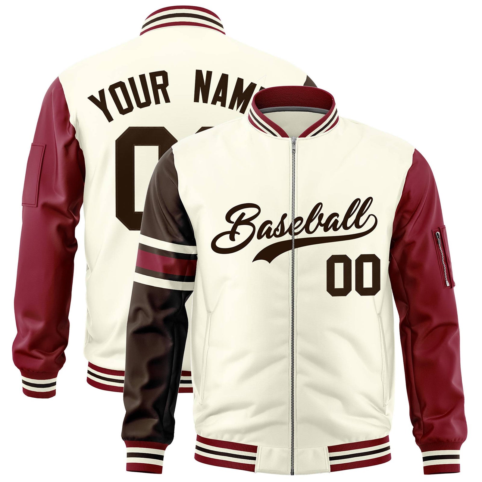 Custom Cream Brown-Crimson Varsity Full-Zip Raglan Sleeves Stripe Letterman Bomber Jacket