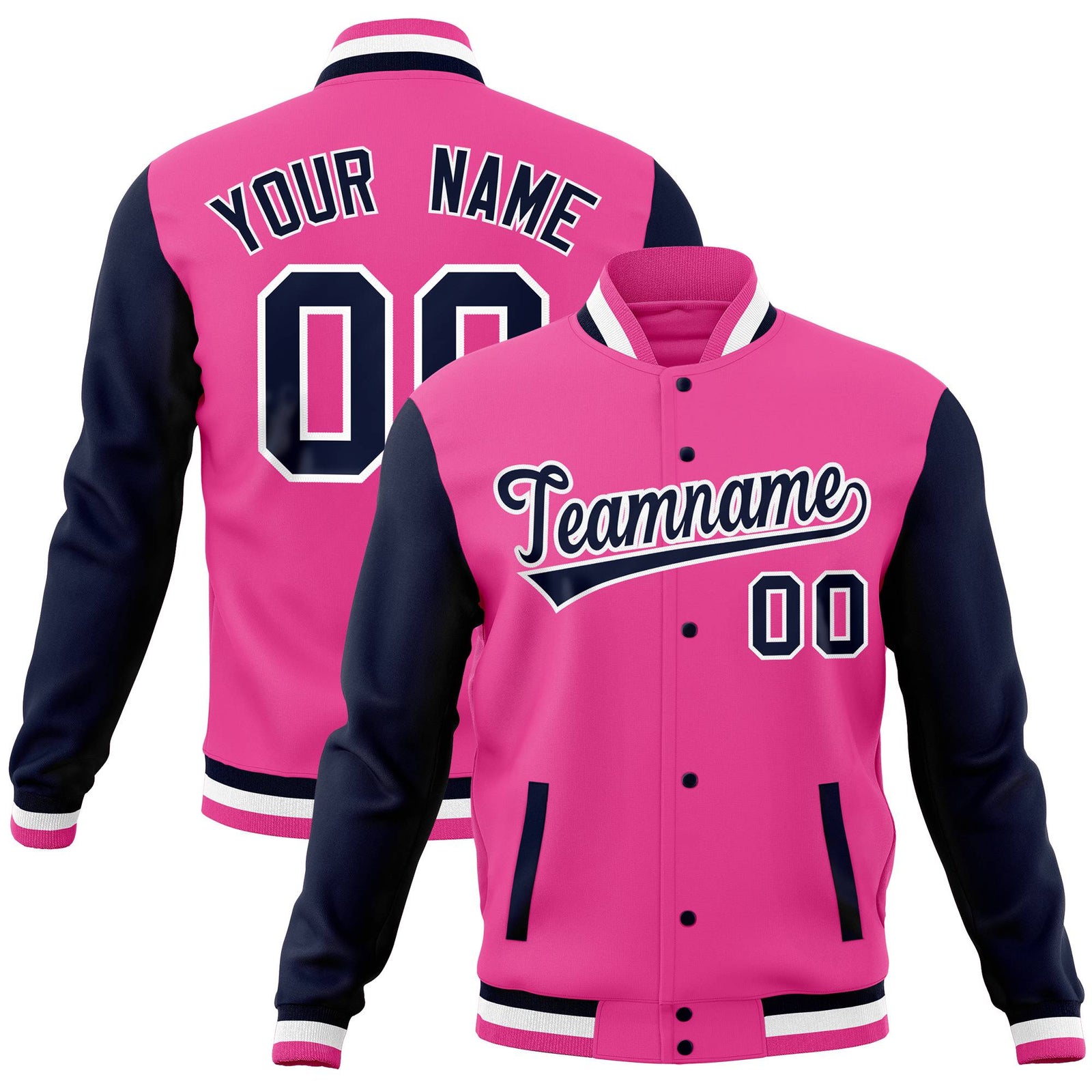 Custom Pink Navy Full-Snap Varsity Raglan Sleeves Letterman Baseball Jacket