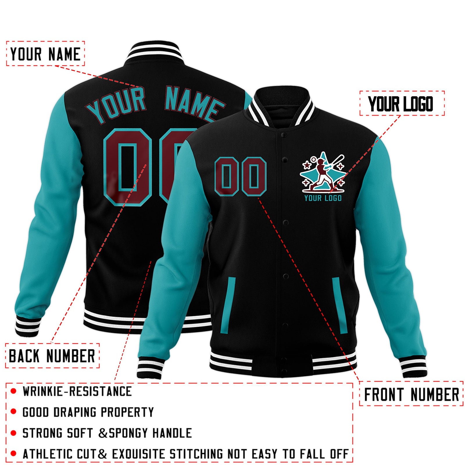 Custom Black Aqua White Raglan Sleeves Full-Snap Letterman Cotton Fabric Jacket| KXKSHOP