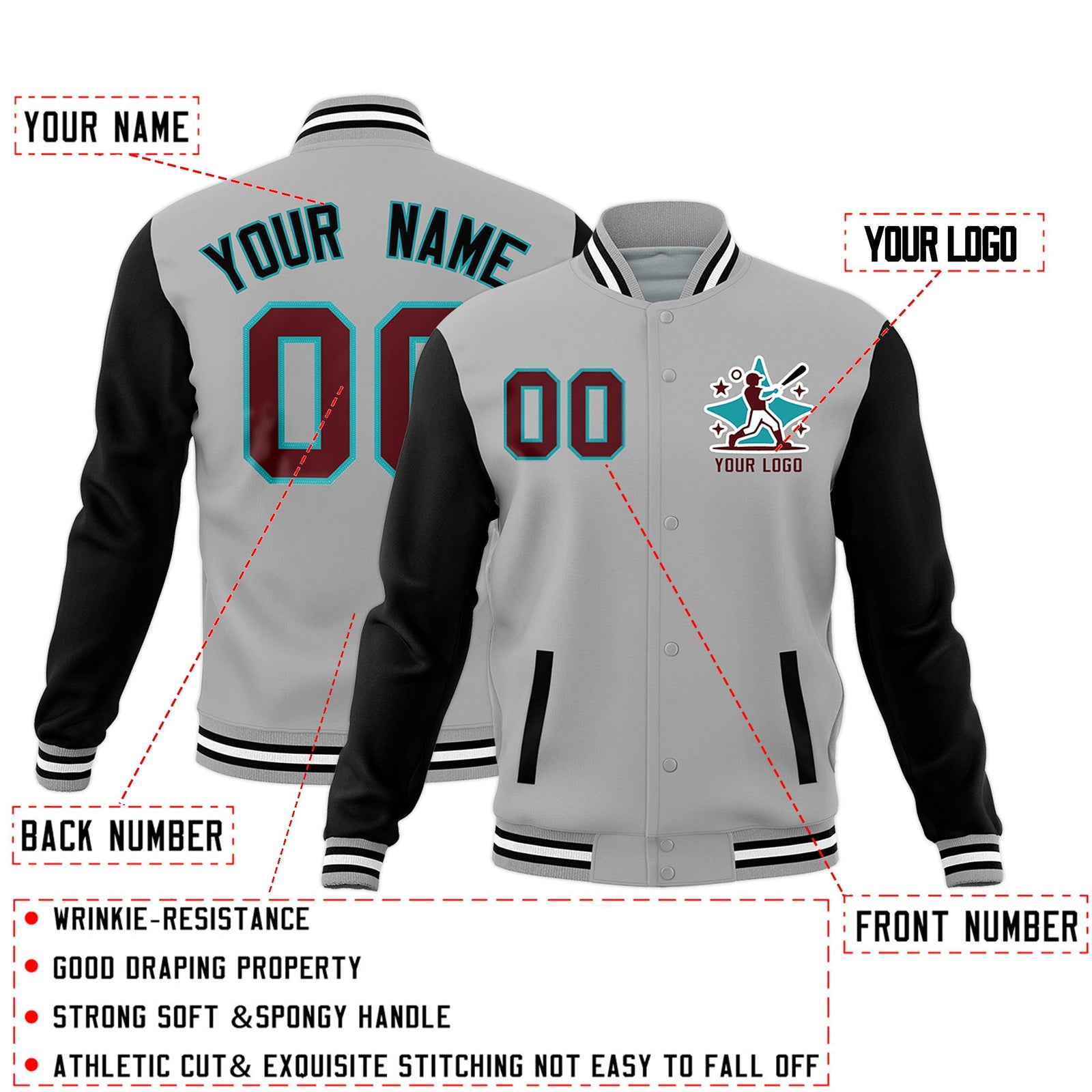 Custom Gray Black White Raglan Sleeves Full-Snap Letterman Cotton Fabric Jacket| KXKSHOP