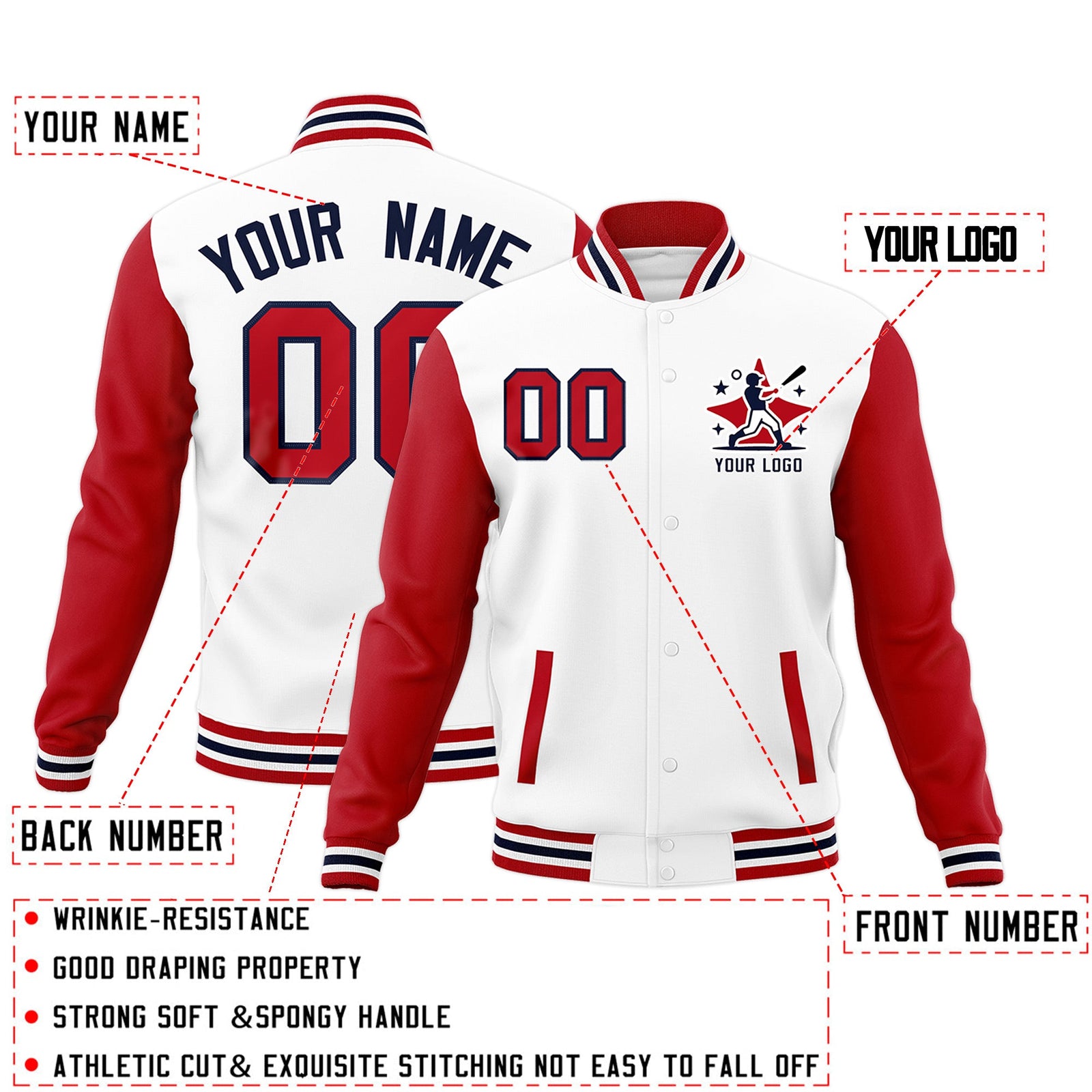 Custom White Red Navy Raglan Sleeves Full-Snap Letterman Cotton Fabric Jacket| KXKSHOP