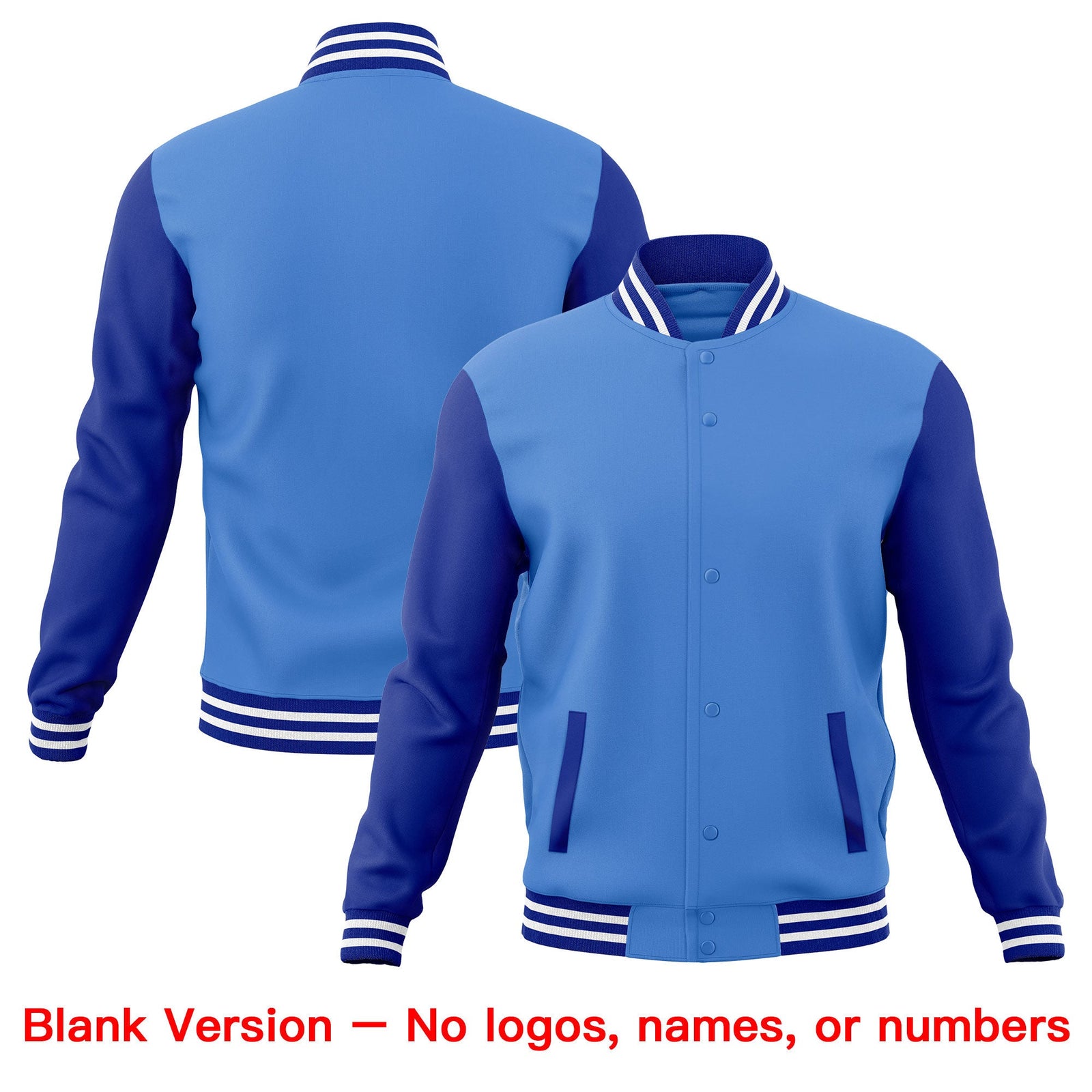 Custom Powder Blue Royal Blue White Raglan Sleeves Full-Snap Letterman Cotton Fabric Jacket| KXKSHOP
