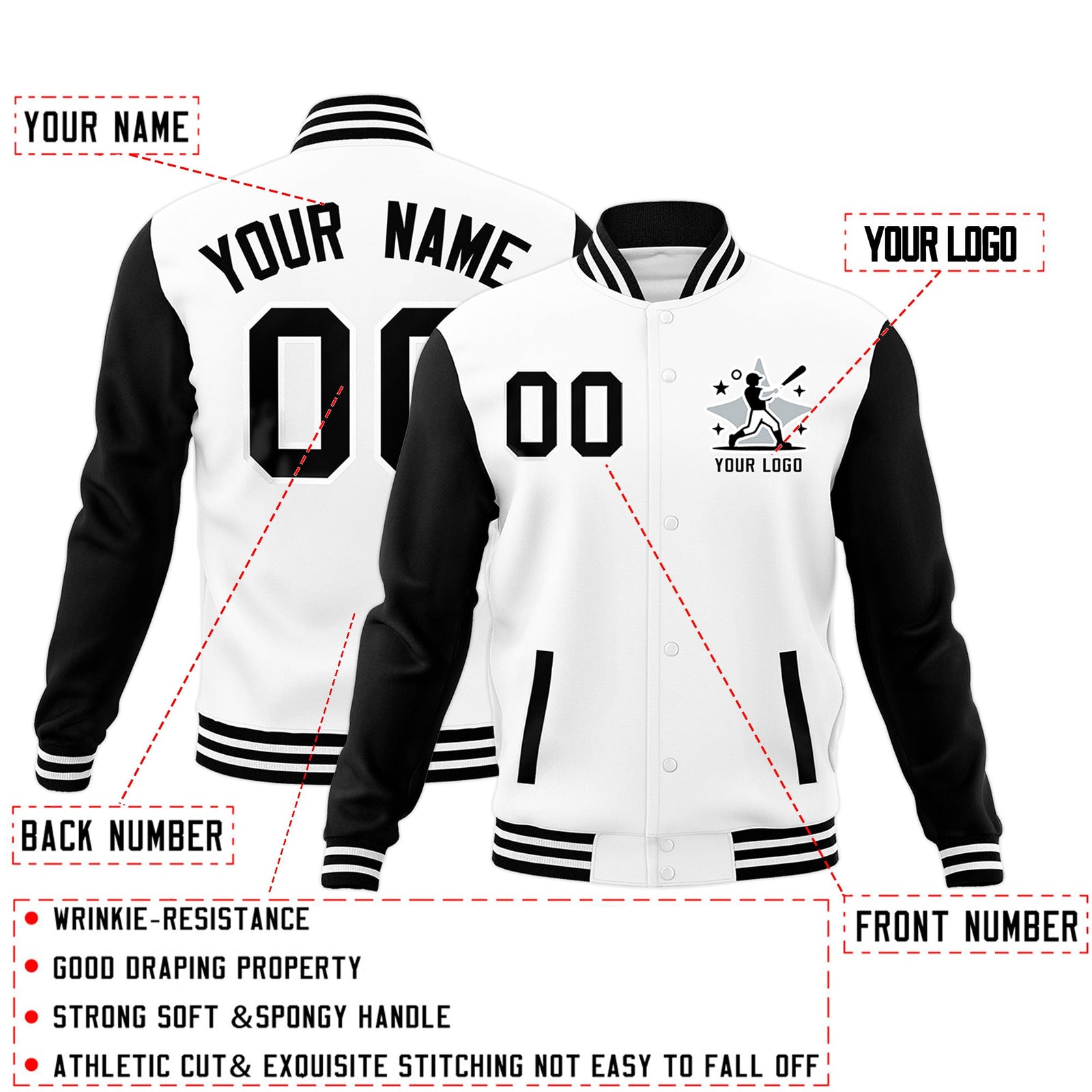 Custom White Black Raglan Sleeves Full-Snap Letterman Cotton Fabric Jacket| KXKSHOP