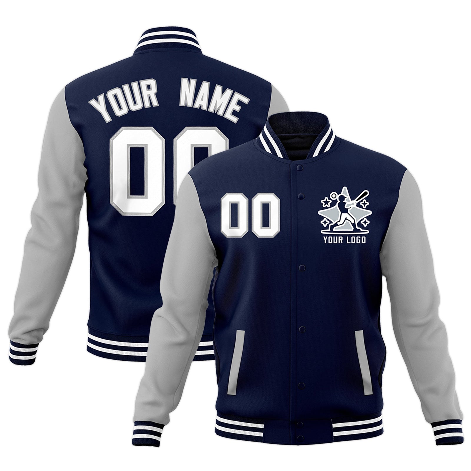 Custom Navy Gray White Raglan Sleeves Full-Snap Letterman Cotton Fabric Jacket| KXKSHOP