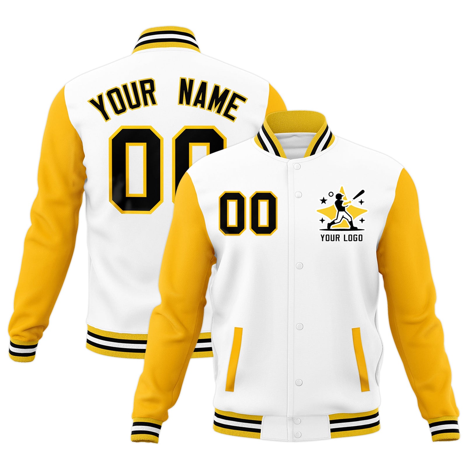 Custom White Gold Black Raglan Sleeves Full-Snap Letterman Cotton Fabric Jacket| KXKSHOP