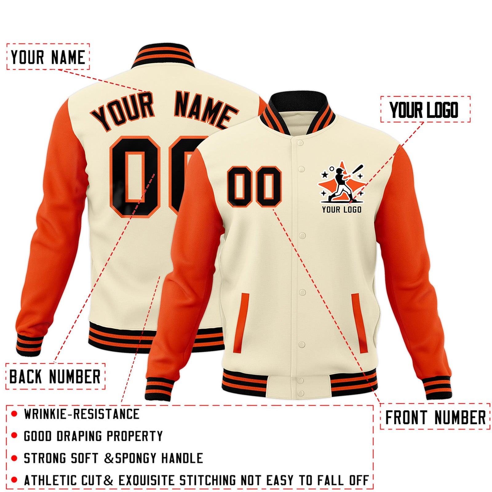 Custom Cream Orange Black Raglan Sleeves Full-Snap Letterman Cotton Fabric Jacket| KXKSHOP