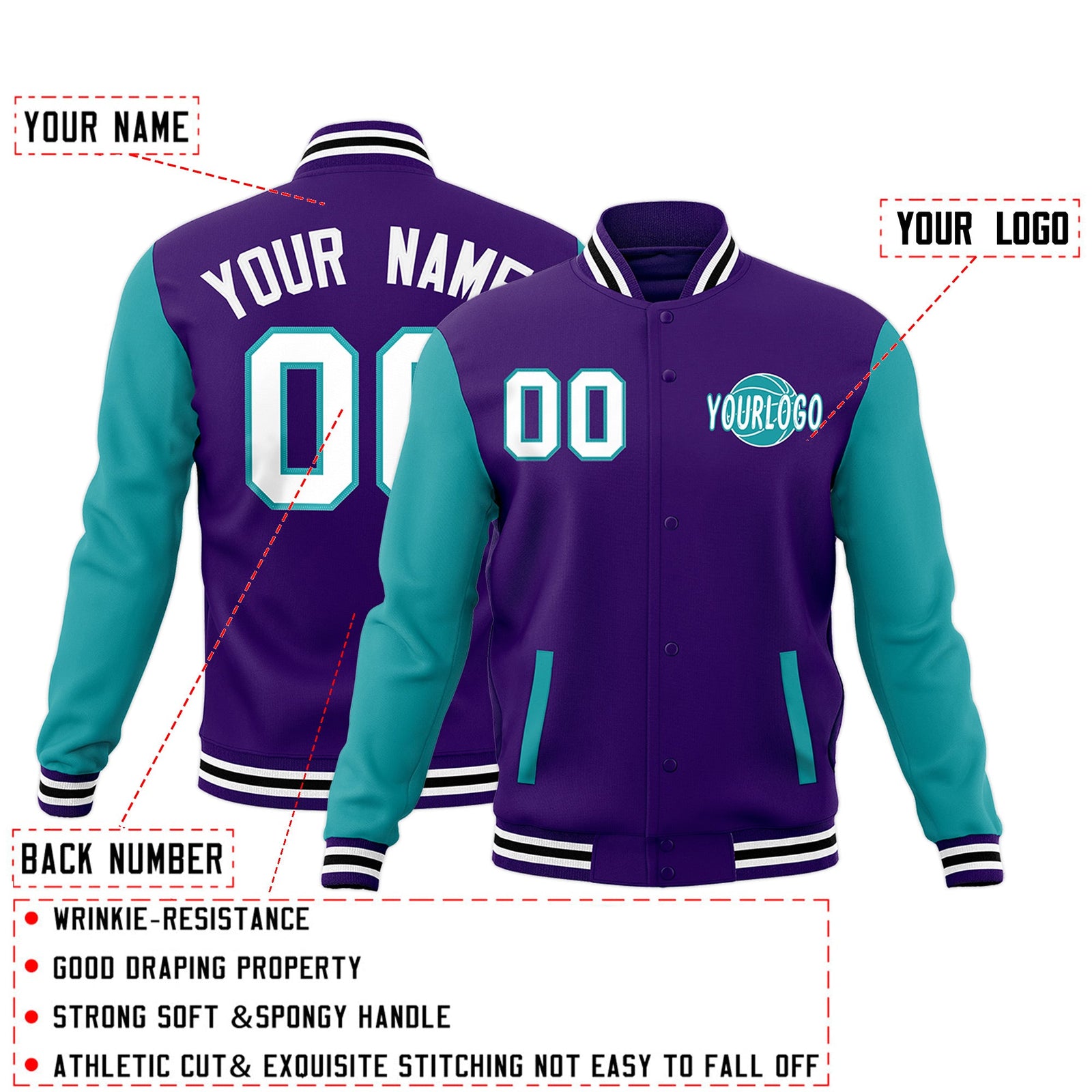 Custom Purple Aqua White Raglan Sleeves Classic Style Letterman Cotton Fabric Jacket| KXKSHOP