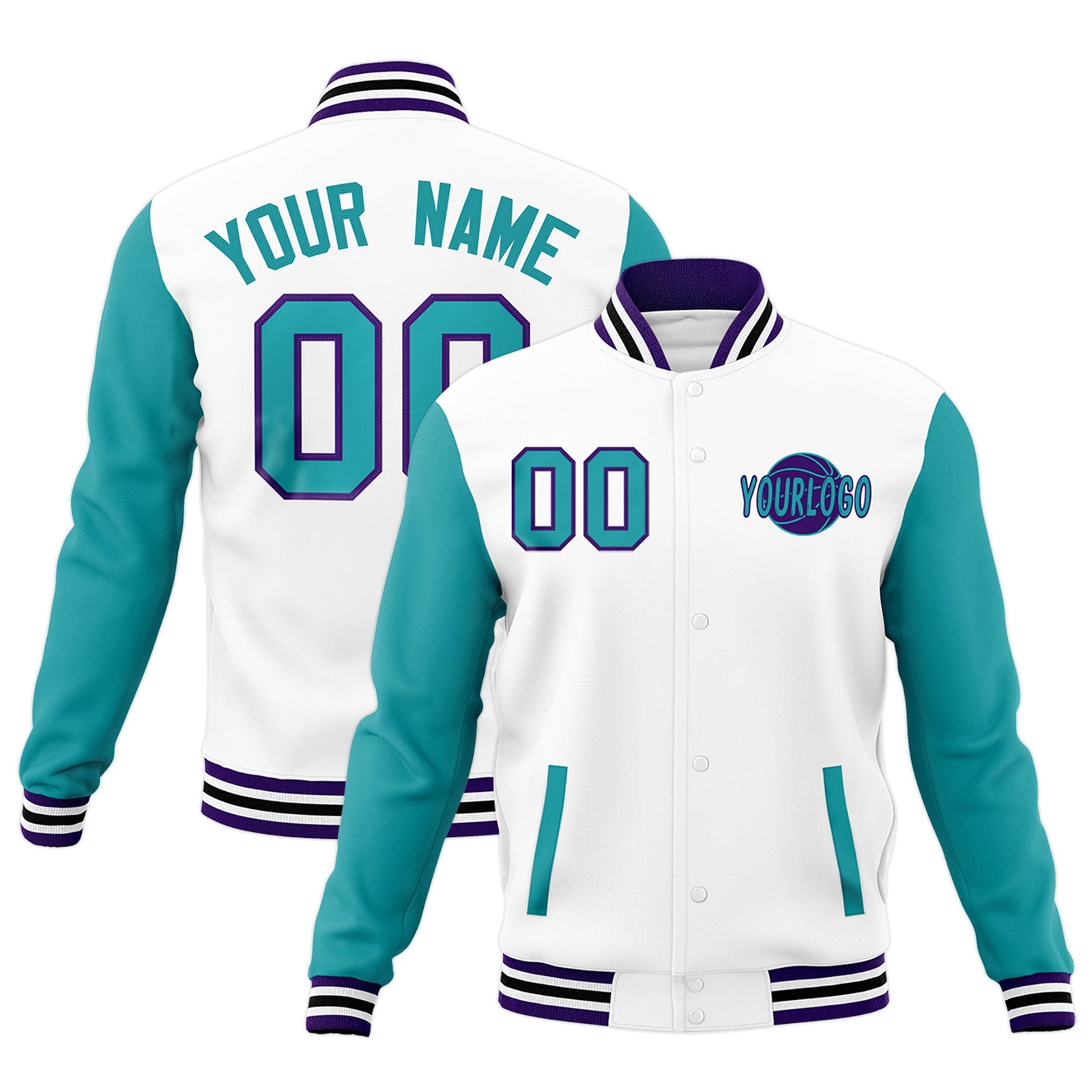 Custom White Aqua Purple Raglan Sleeves Classic Style Letterman Cotton Fabric Jacket| KXKSHOP