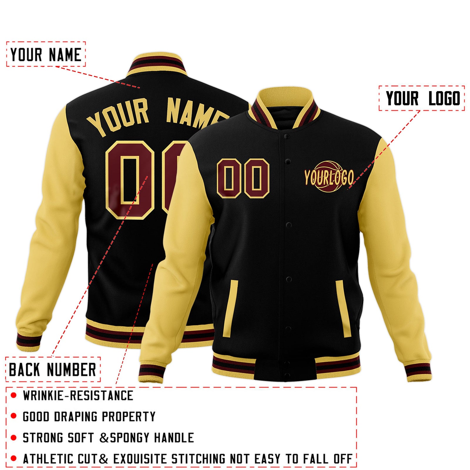 Custom Black Khaki Crimson Raglan Sleeves Classic Style Letterman Cotton Fabric Jacket| KXKSHOP