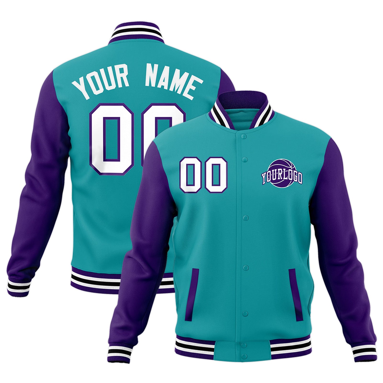 Custom Aqua Purple White Raglan Sleeves Classic Style Letterman Cotton Fabric Jacket| KXKSHOP