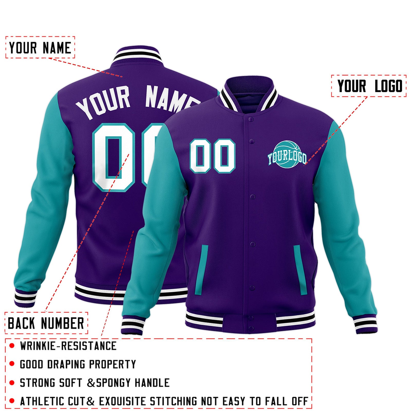 Custom Purple Aqua White Raglan Sleeves Classic Style Letterman Cotton Fabric Jacket| KXKSHOP