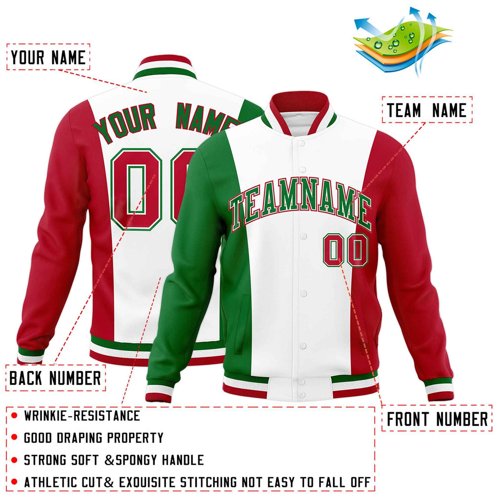 Custom White Kelly Green Red Personalization Varsity Full-Snap Three Color Blocks Letterman Jacket