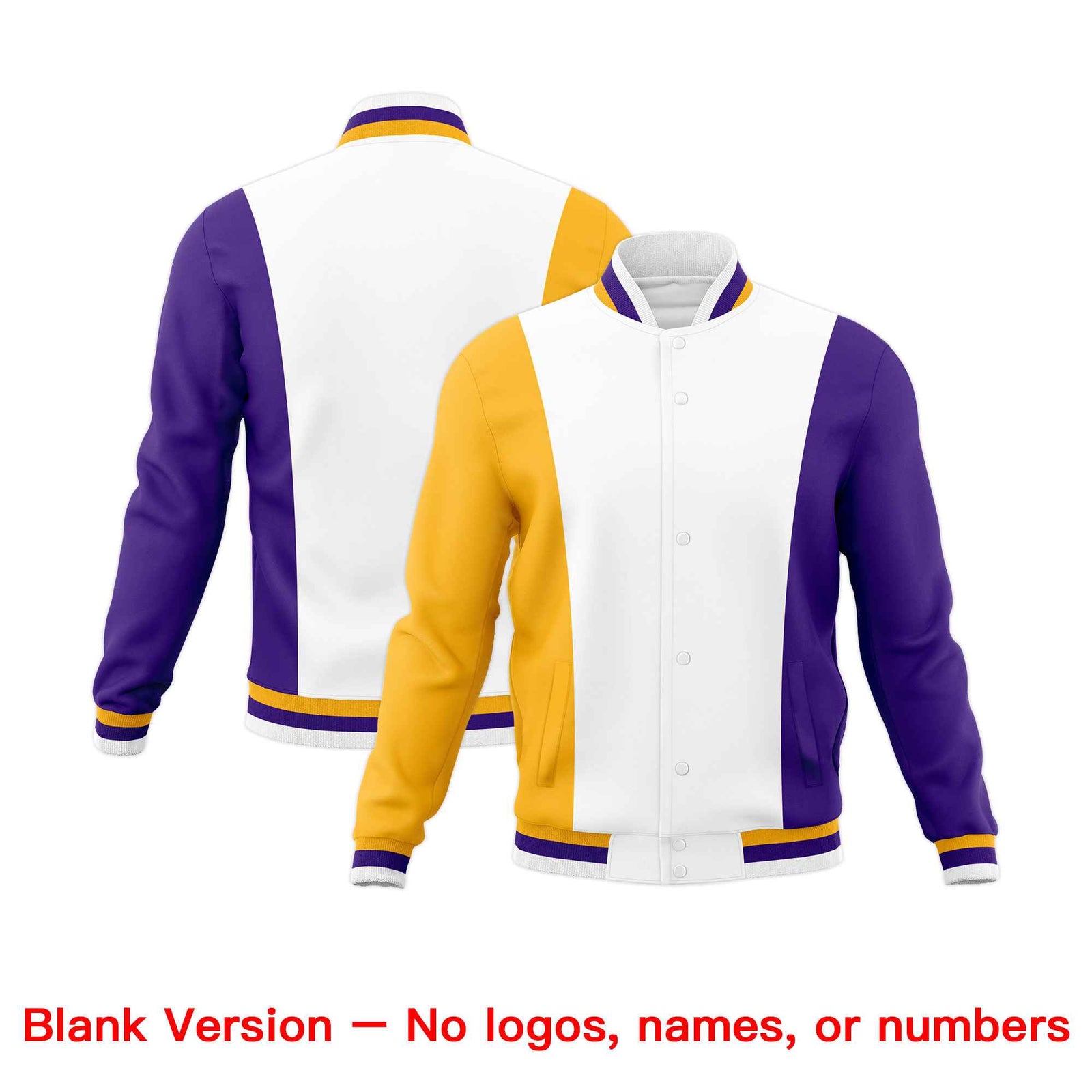 Custom White Yellow Purple Personalization Varsity Full-Snap Three Color Blocks Letterman Jacket