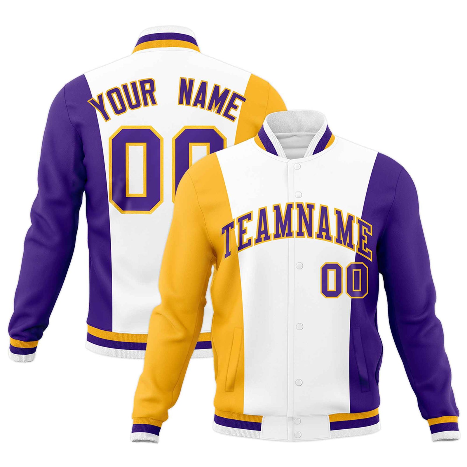 Custom White Yellow Purple Personalization Varsity Full-Snap Three Color Blocks Letterman Jacket