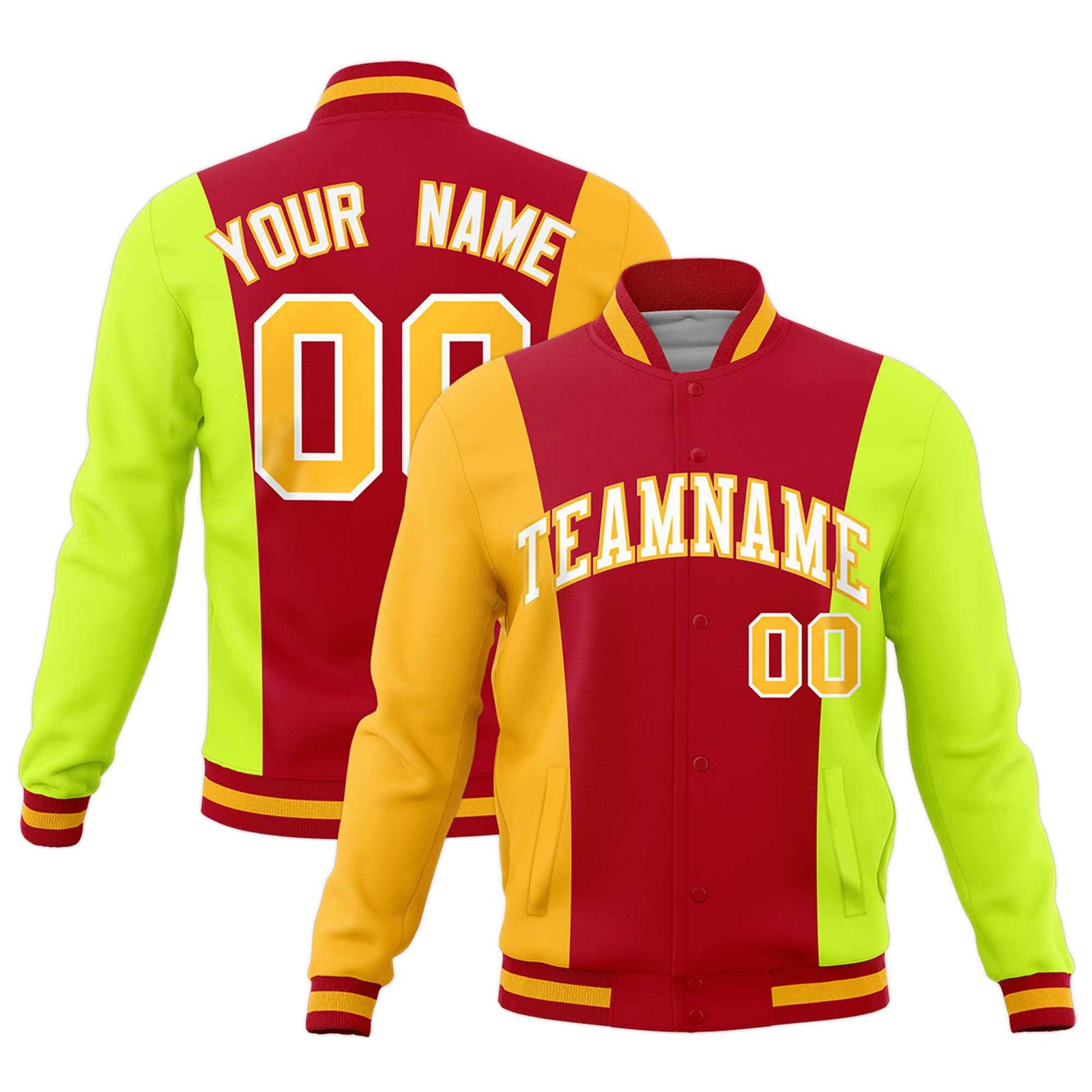 Custom Red Yellow Fluorescent Green Personalization Varsity Full-Snap Three Color Blocks Letterman Jacket