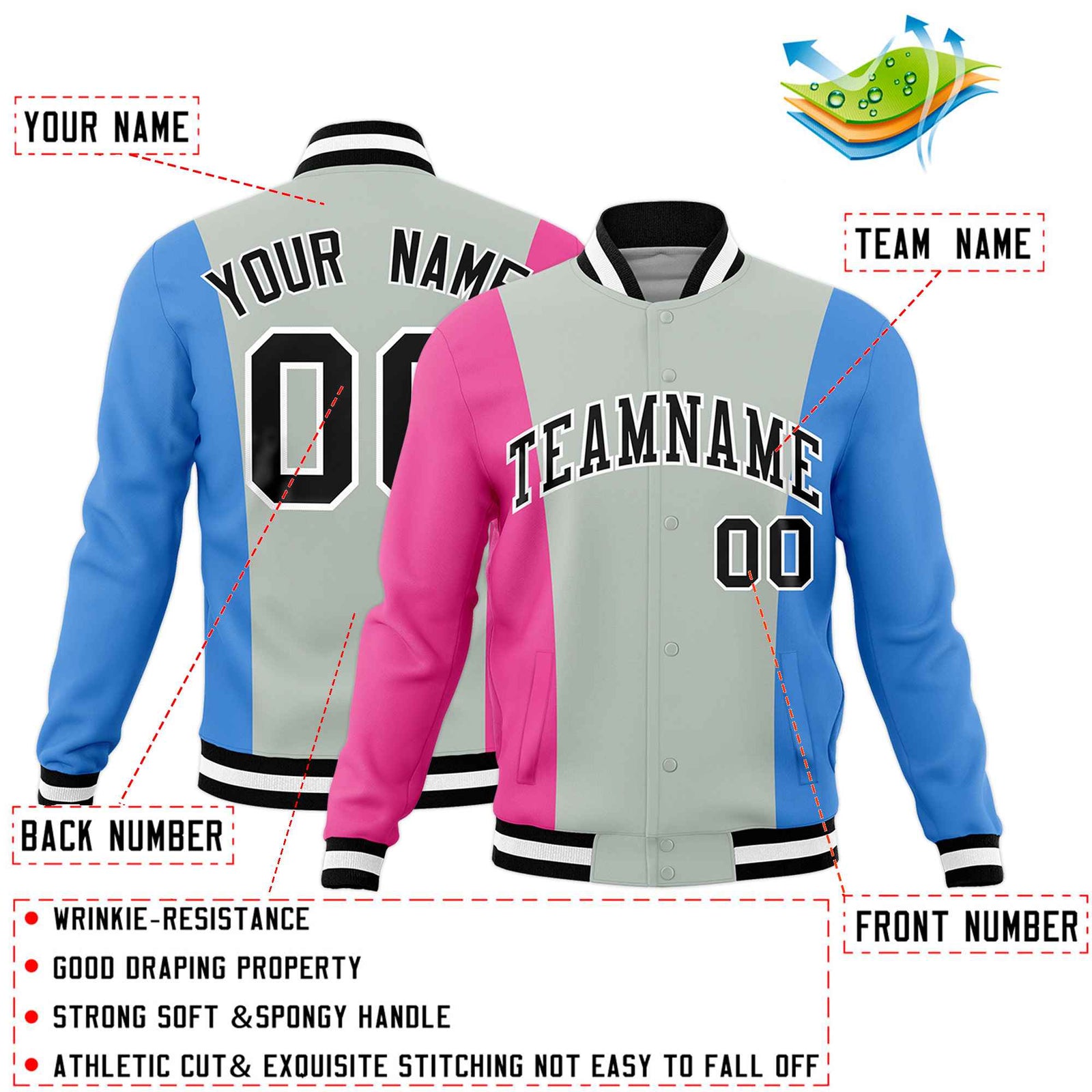 Custom Gray Pink Powder Blue Personalization Varsity Full-Snap Three Color Blocks Letterman Jacket