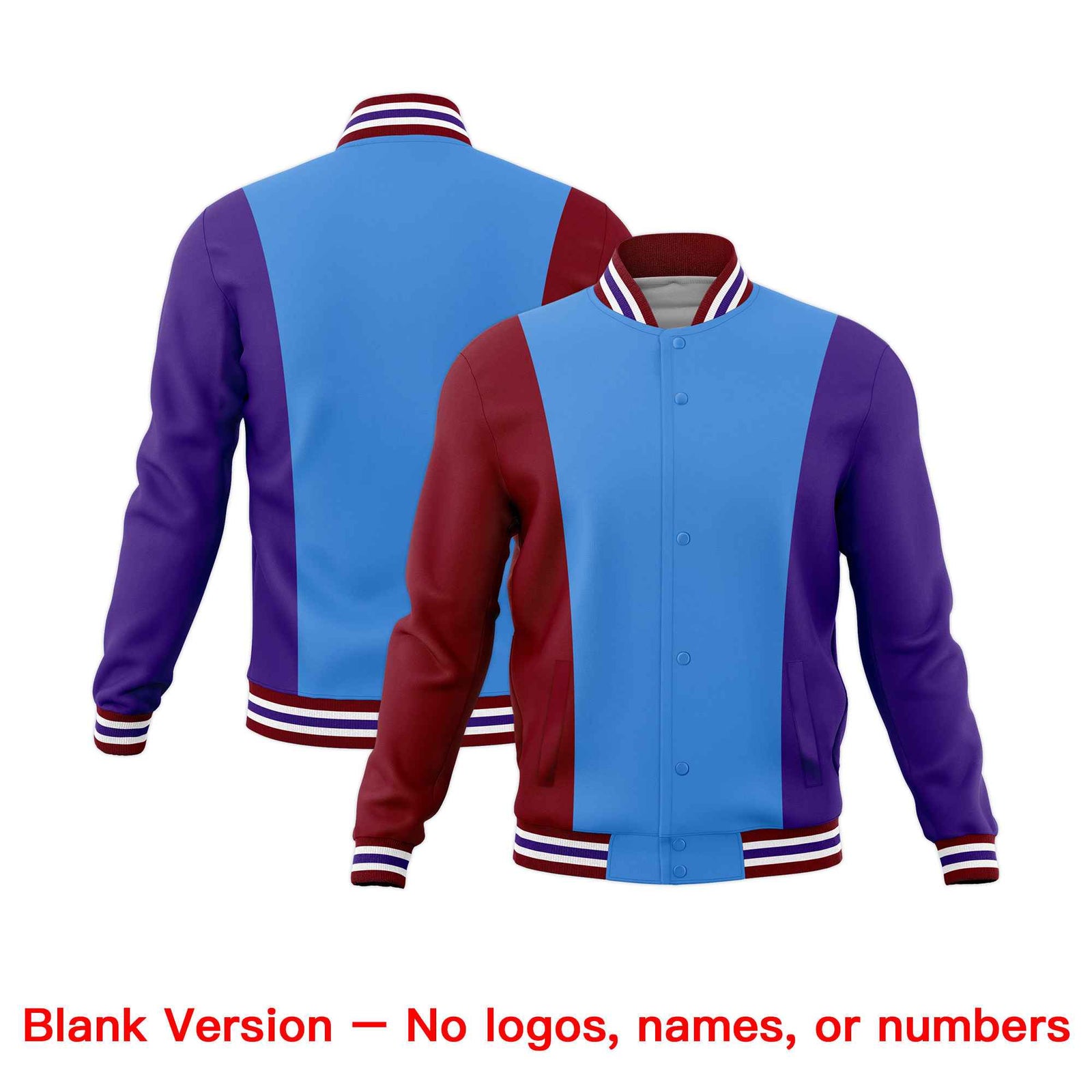 Custom Powder Blue Crimson Purple Personalization Varsity Full-Snap Three Color Blocks Letterman Jacket