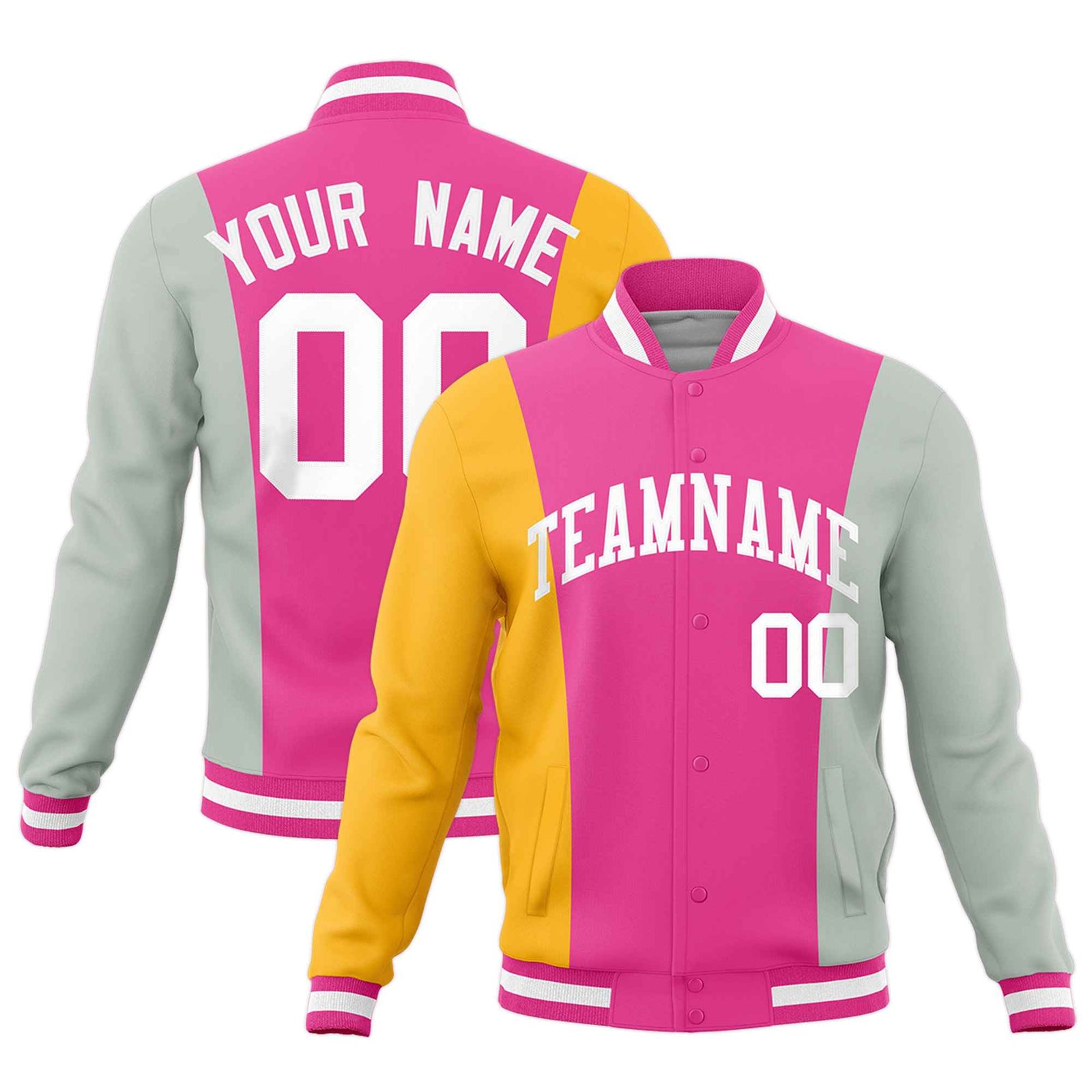 Custom Pink Yellow Gray Personalization Varsity Full-Snap Three Color Blocks Letterman Jacket