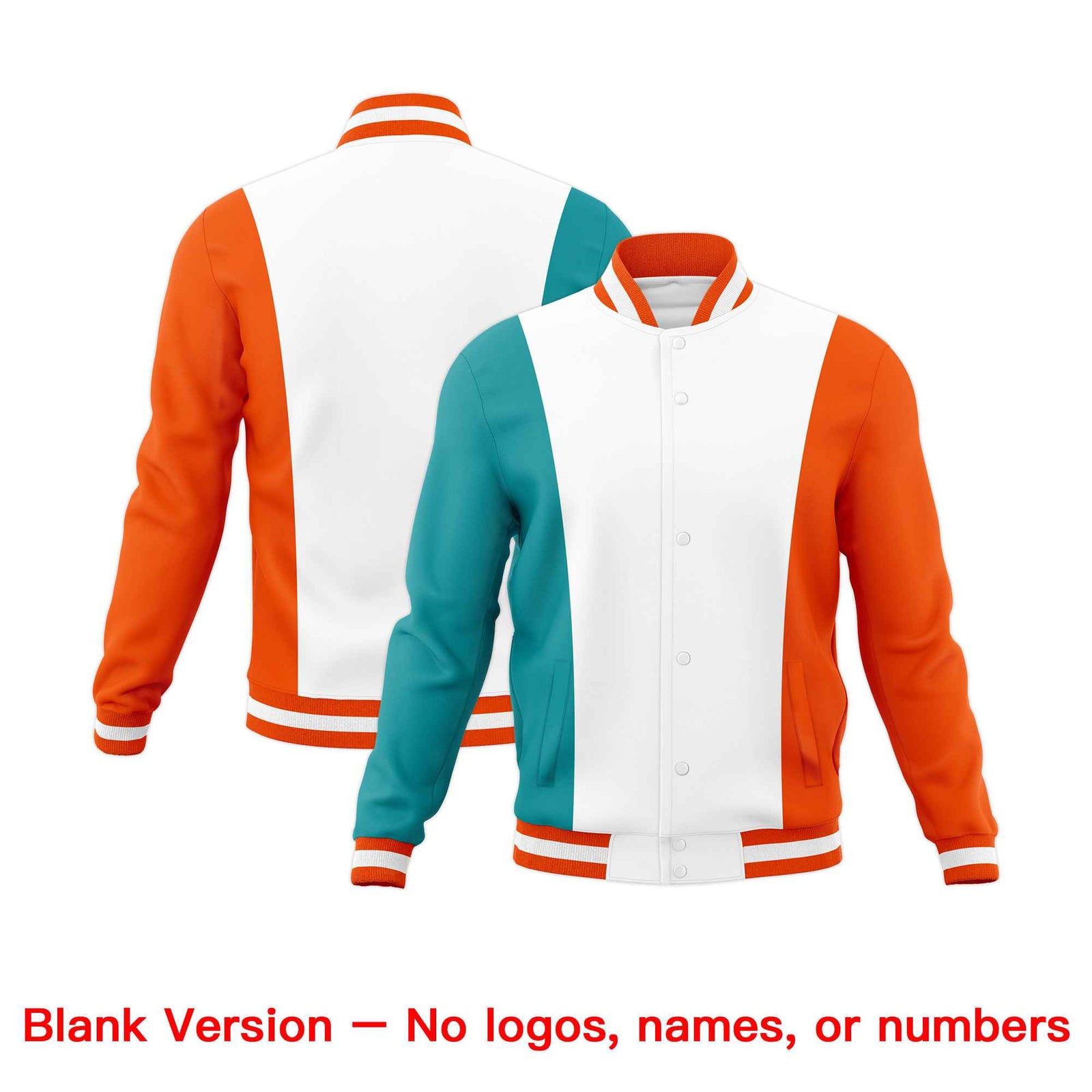 Custom White Aqua Orange Personalization Varsity Full-Snap Three Color Blocks Letterman Jacket