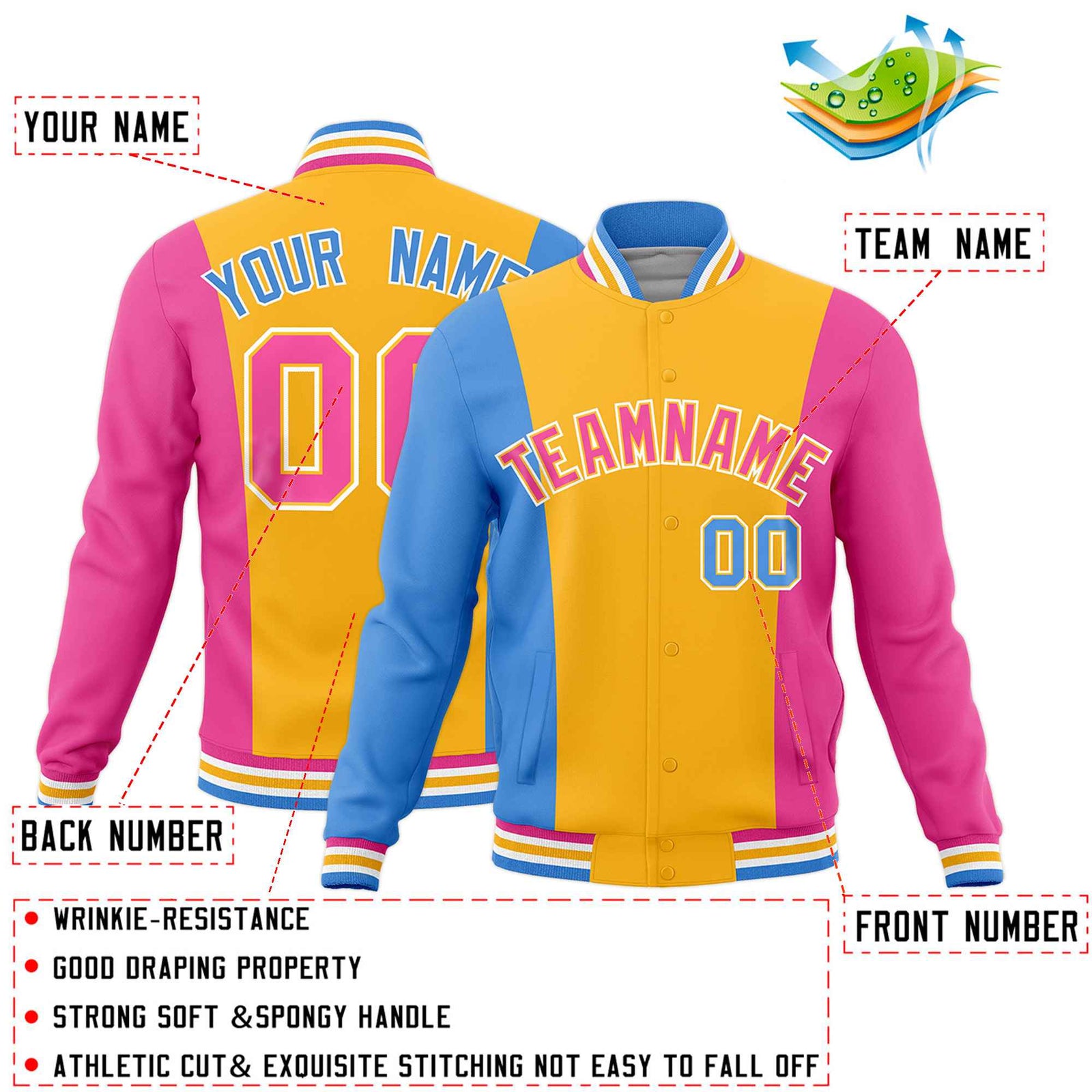Custom Yellow Powder Blue Pink Personalization Varsity Full-Snap Three Color Blocks Letterman Jacket