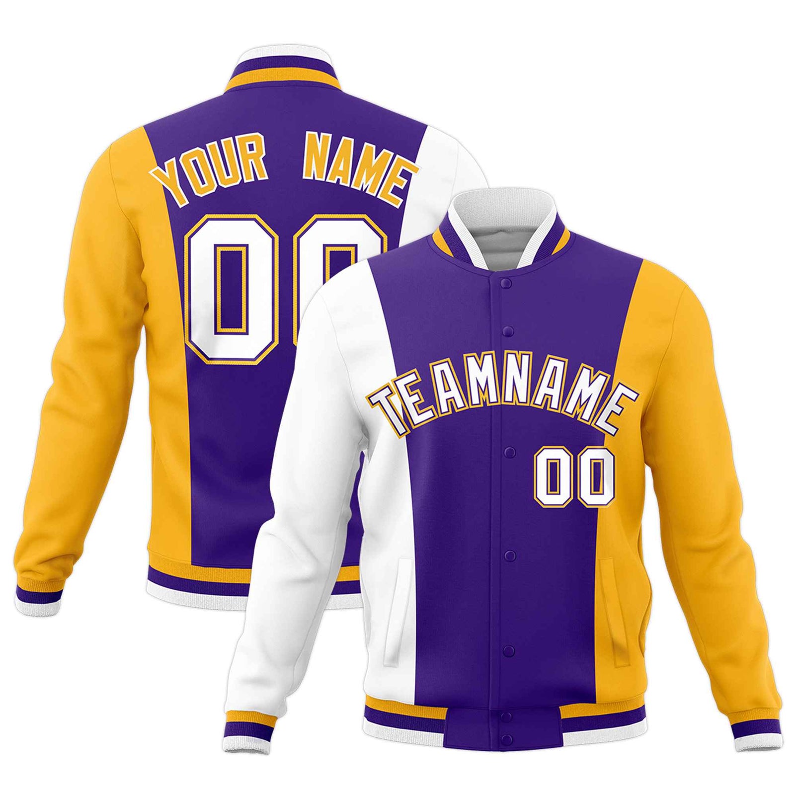 Custom Purple White Yellow Personalization Varsity Full-Snap Three Color Blocks Letterman Jacket