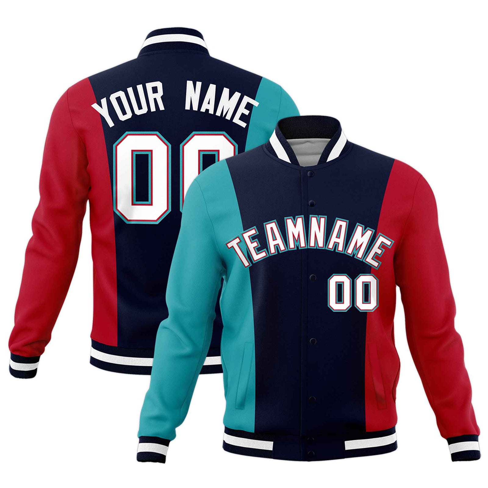 Custom Navy Aqua Red Personalization Varsity Full-Snap Three Color Blocks Letterman Jacket