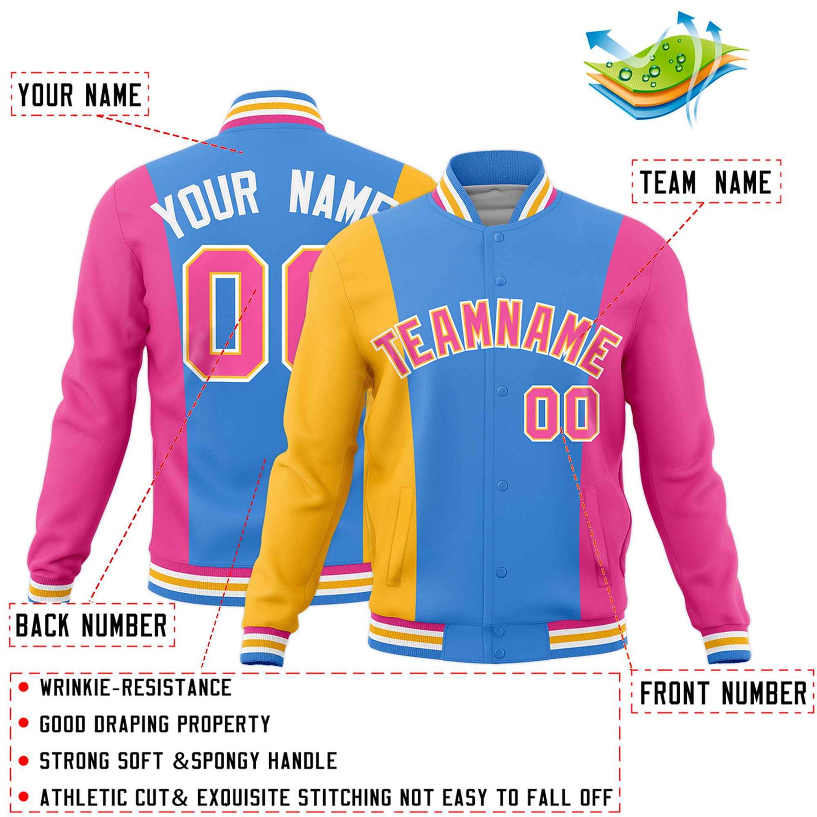 Custom Powder Blue Yellow Pink Personalization Varsity Full-Snap Three Color Blocks Letterman Jacket