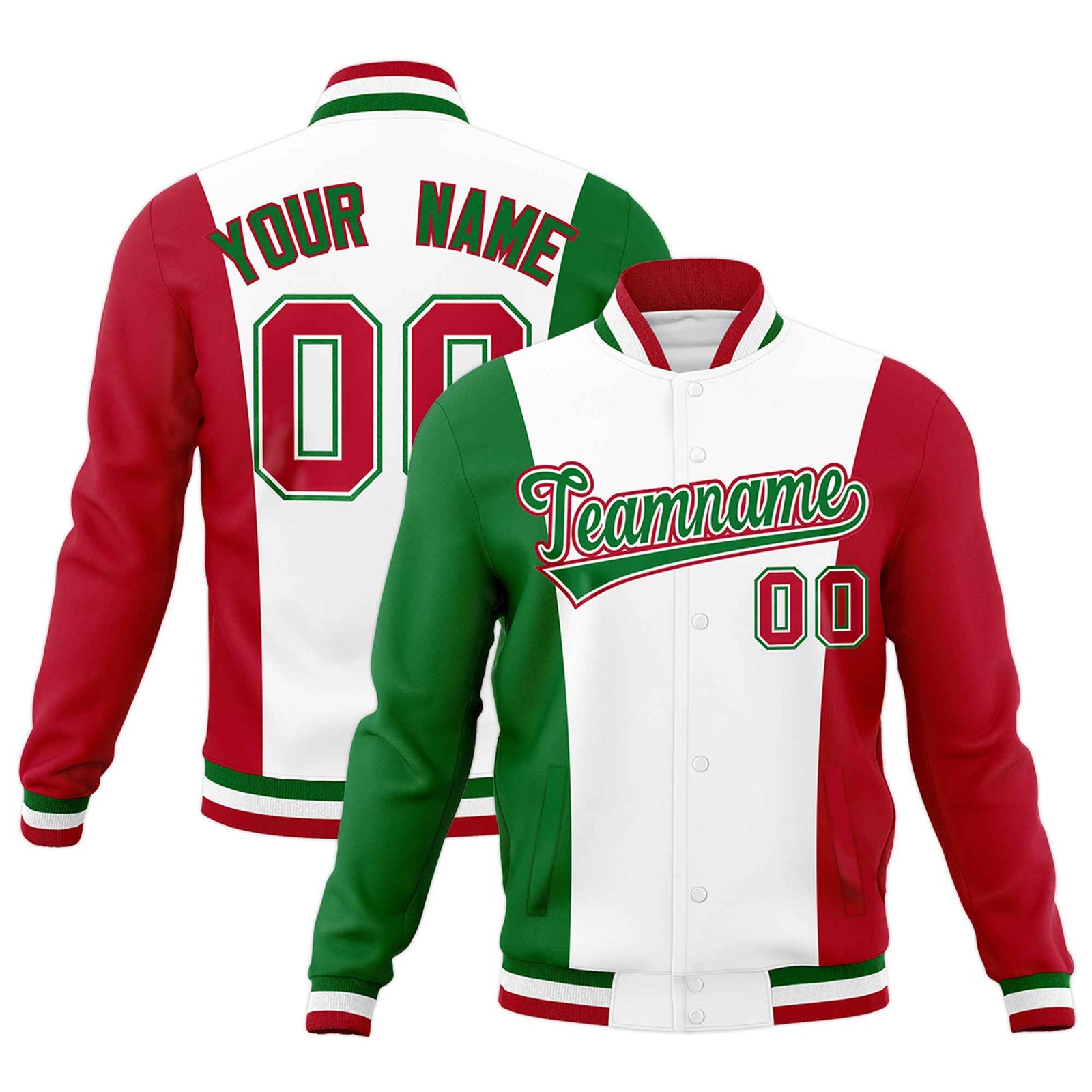 Custom White Kelly Green Red Personalization Varsity Full-Snap Three Color Blocks Letterman Jacket| KXKSHOP