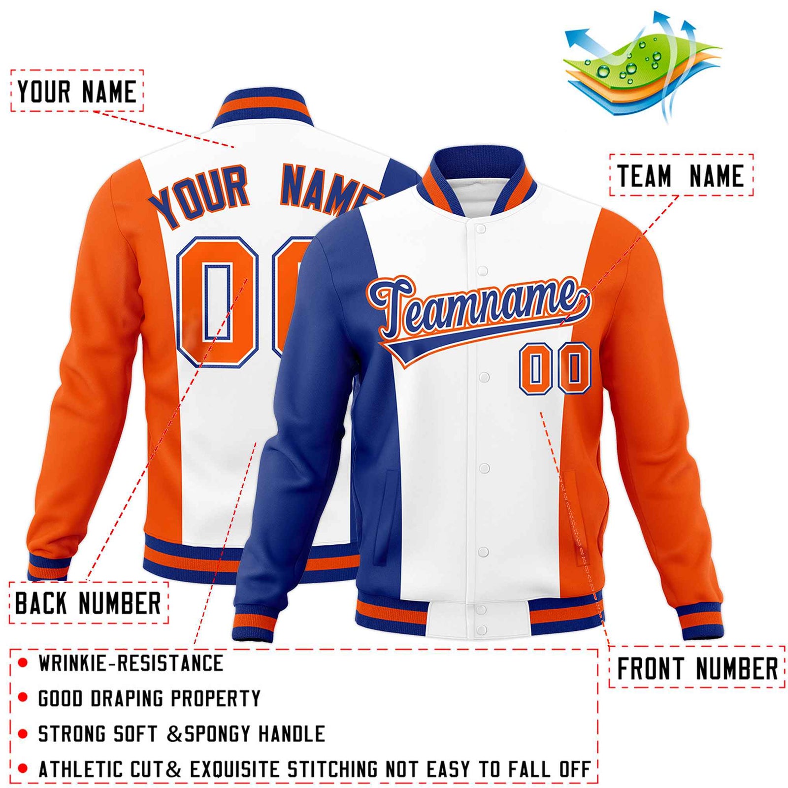 Custom White Royal Blue Orange Personalization Varsity Full-Snap Three Color Blocks Letterman Jacket| KXKSHOP