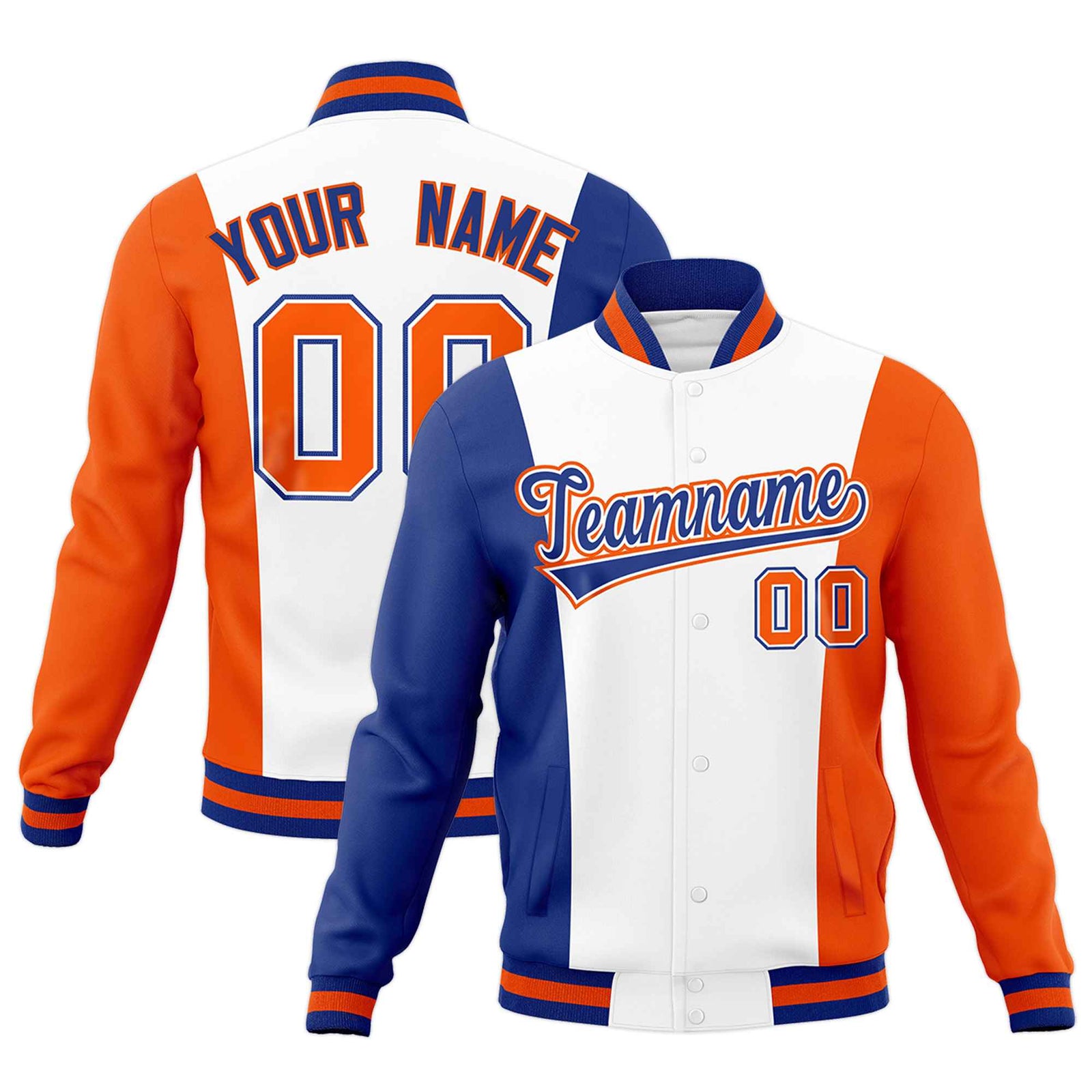Custom White Royal Blue Orange Personalization Varsity Full-Snap Three Color Blocks Letterman Jacket| KXKSHOP