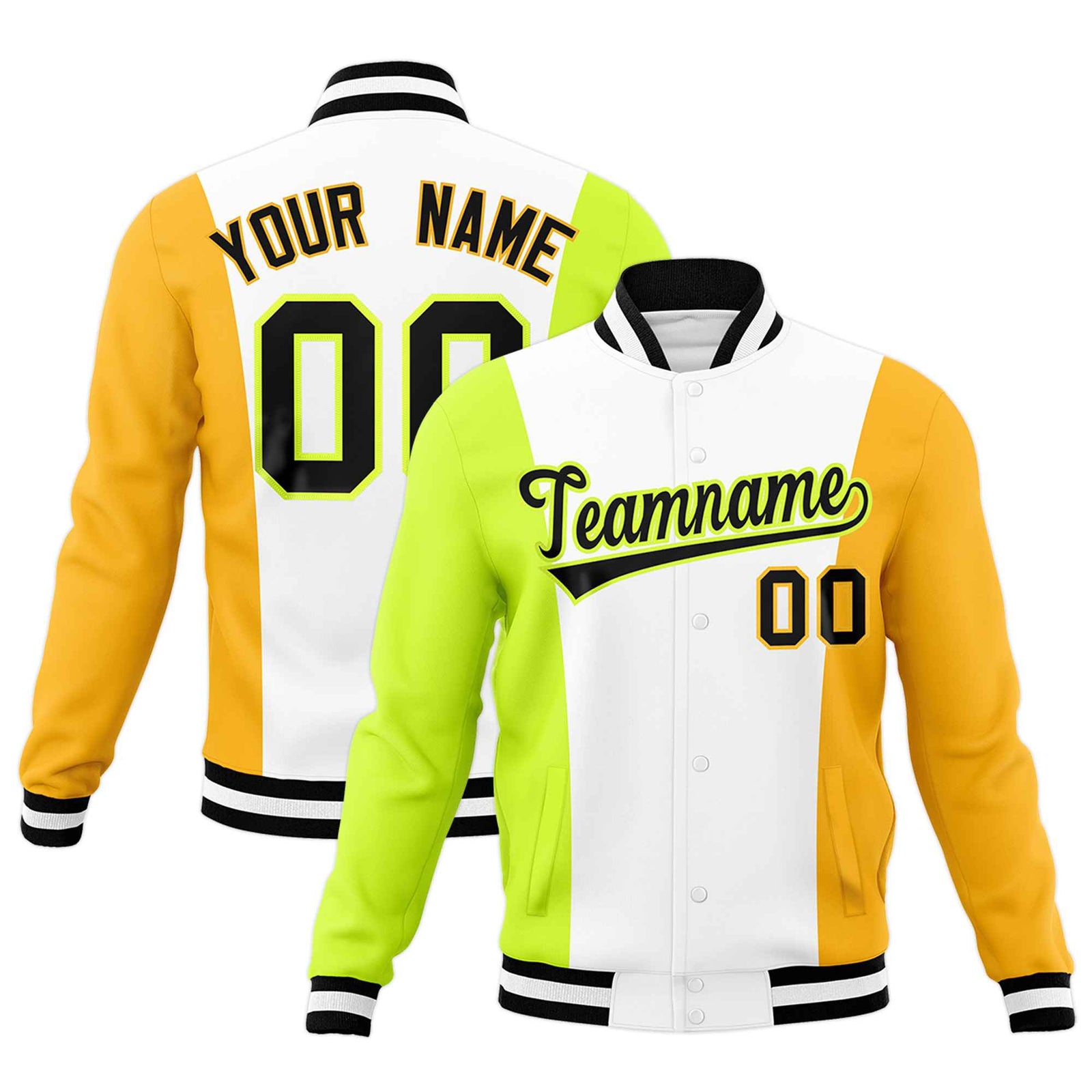 Custom White Fluorescent Green Yellow Personalization Varsity Full-Snap Three Color Blocks Letterman Jacket| KXKSHOP