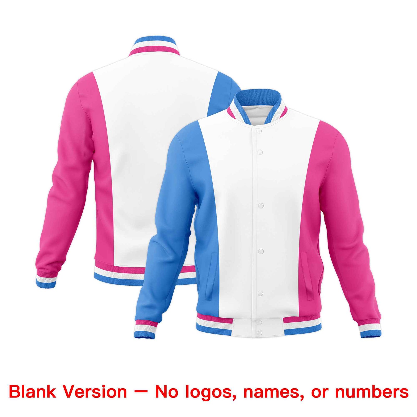 Custom White Powder Blue Pink Personalization Varsity Full-Snap Three Color Blocks Letterman Jacket| KXKSHOP