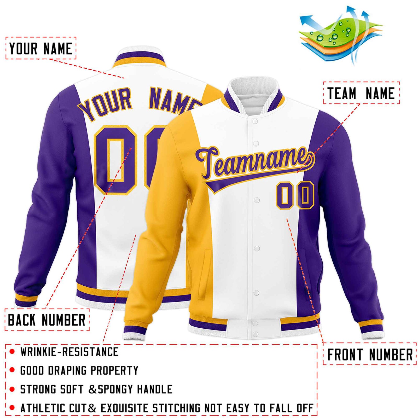 Custom White Yellow Purple Personalization Varsity Full-Snap Three Color Blocks Letterman Jacket| KXKSHOP