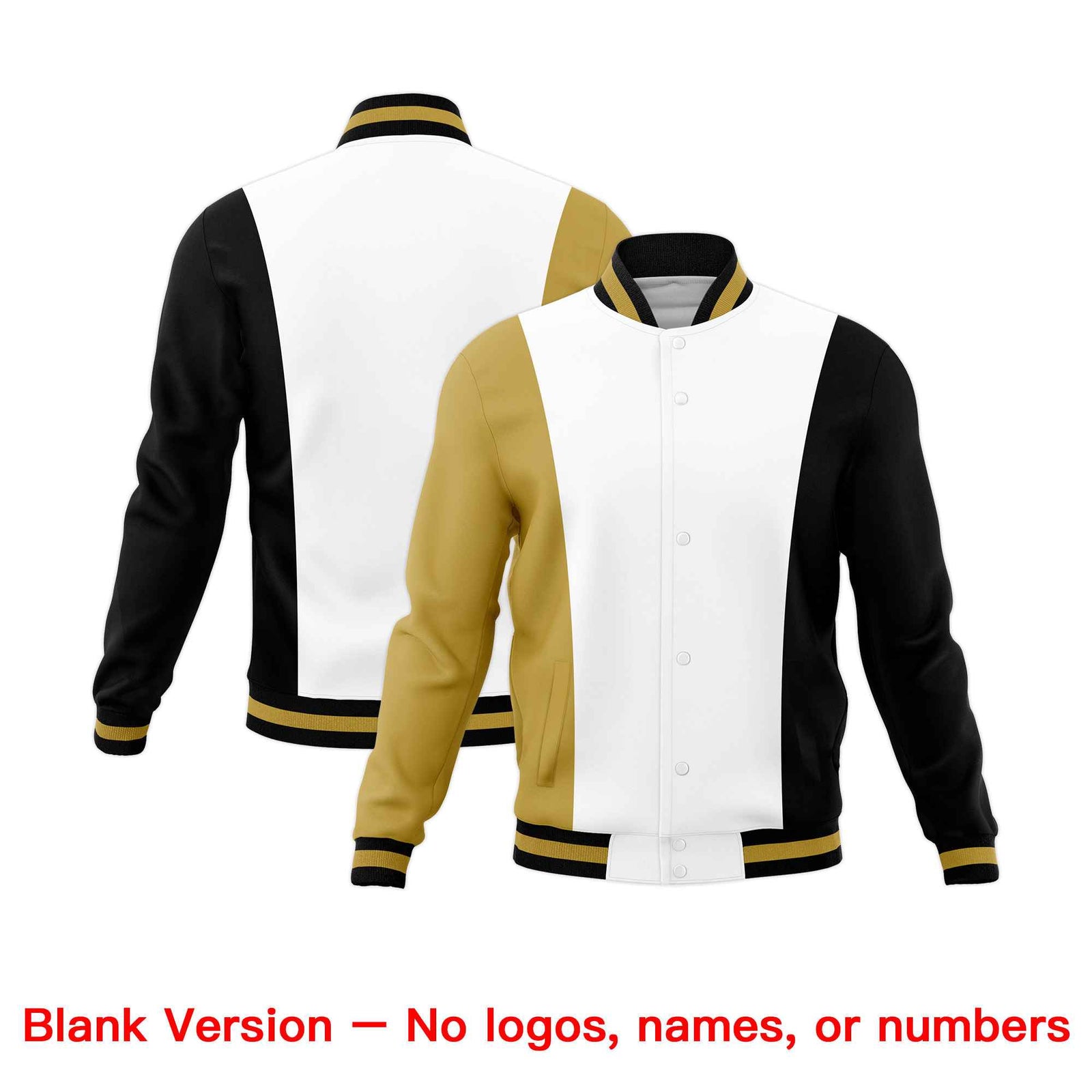 Custom White Old Gold Black Personalization Varsity Full-Snap Three Color Blocks Letterman Jacket| KXKSHOP