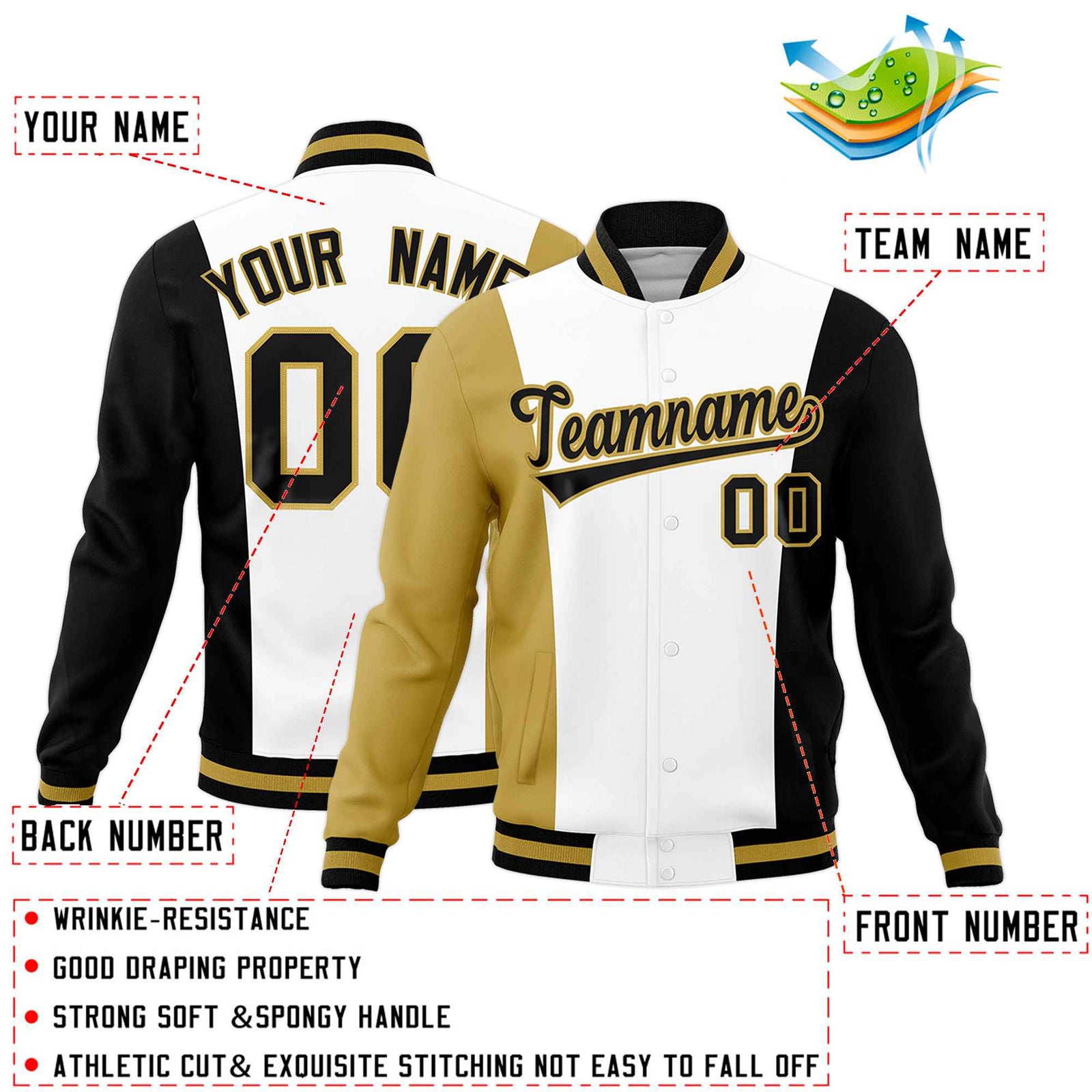 Custom White Old Gold Black Personalization Varsity Full-Snap Three Color Blocks Letterman Jacket| KXKSHOP