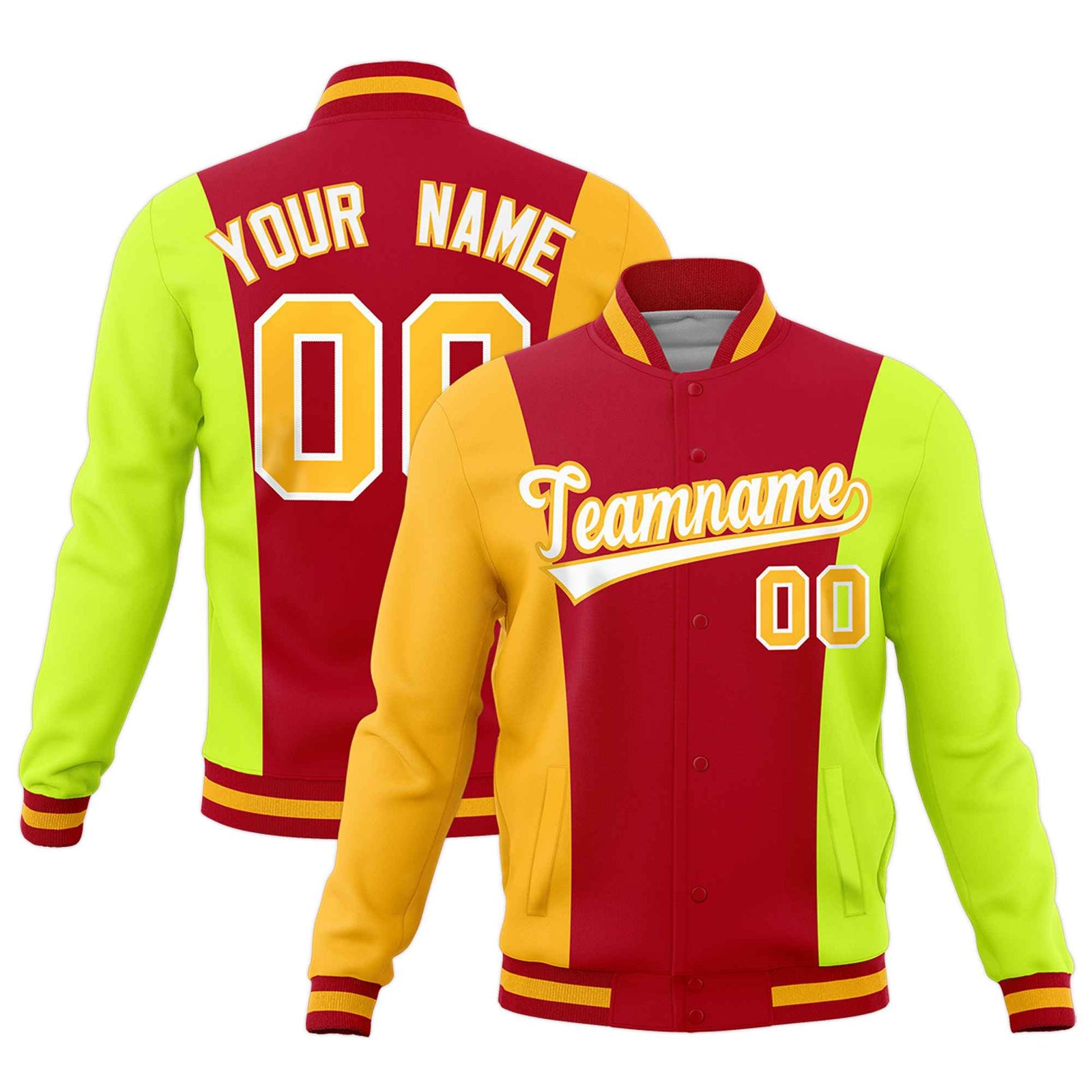 Custom Red Yellow Fluorescent Green Personalization Varsity Full-Snap Three Color Blocks Letterman Jacket| KXKSHOP