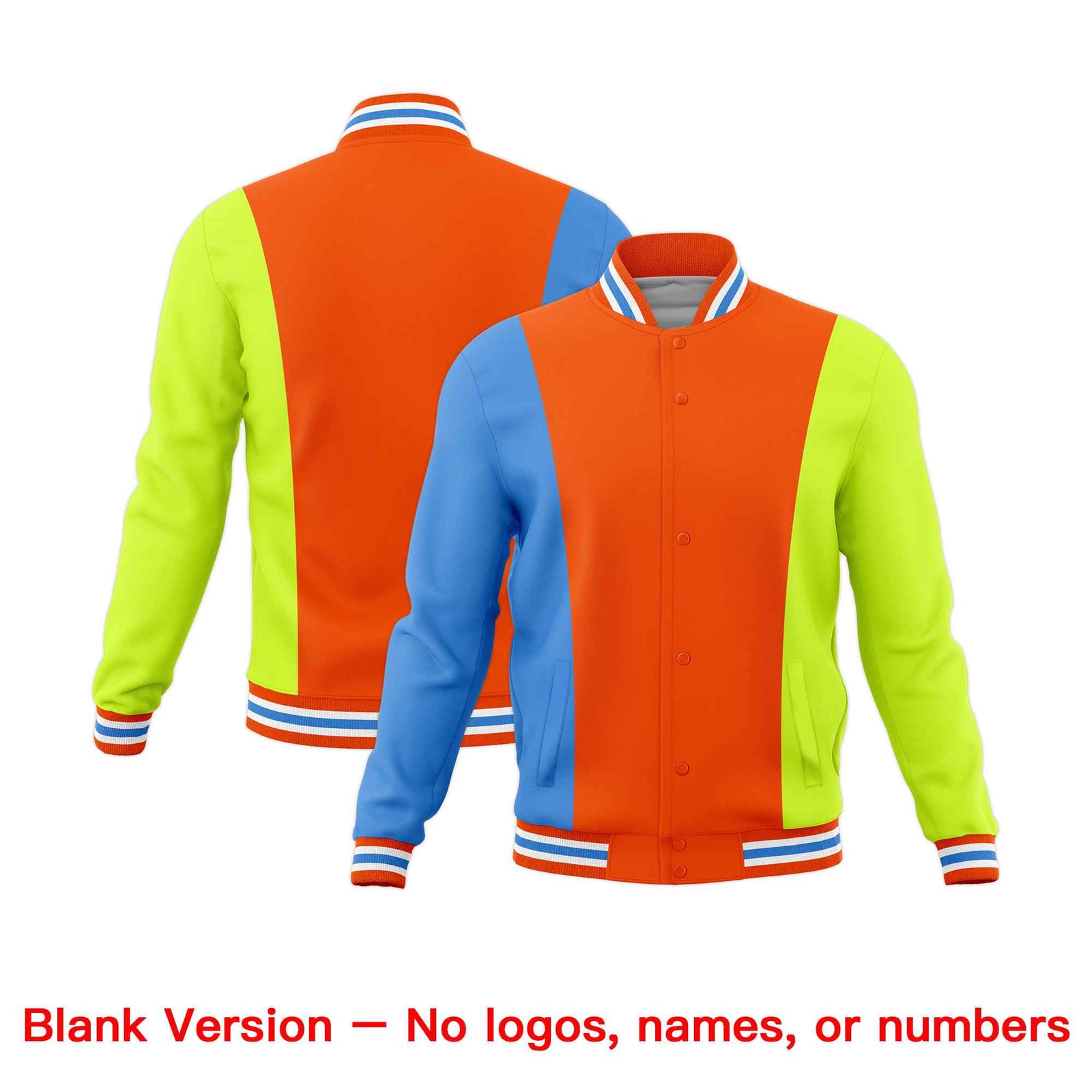 Custom Orange Powder Blue Fluorescent Green Personalization Varsity Full-Snap Three Color Blocks Letterman Jacket| KXKSHOP
