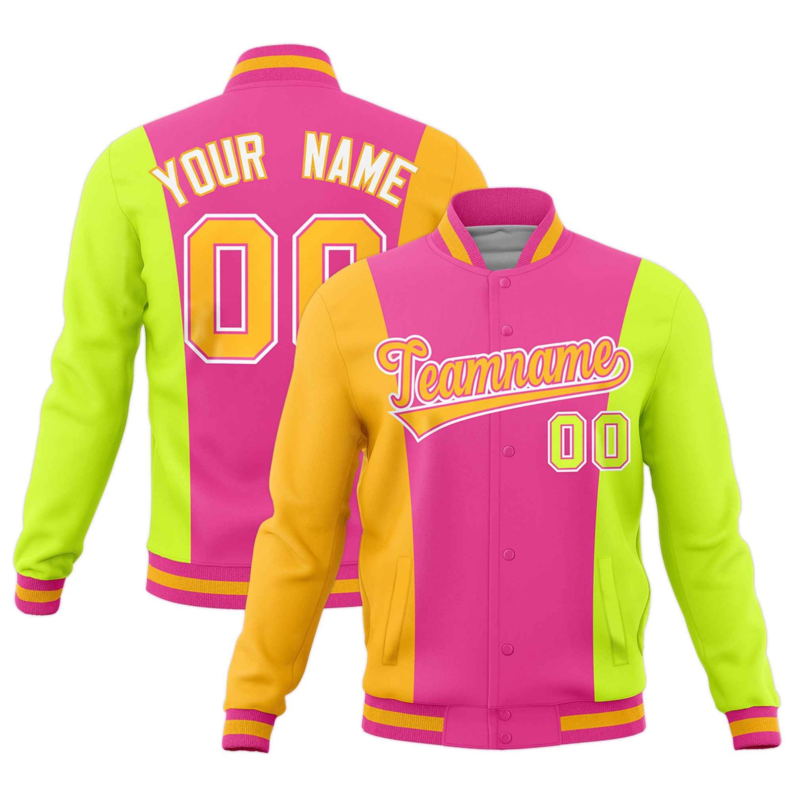 Custom Pink Yellow Fluorescent Green Personalization Varsity Full-Snap Three Color Blocks Letterman Jacket| KXKSHOP
