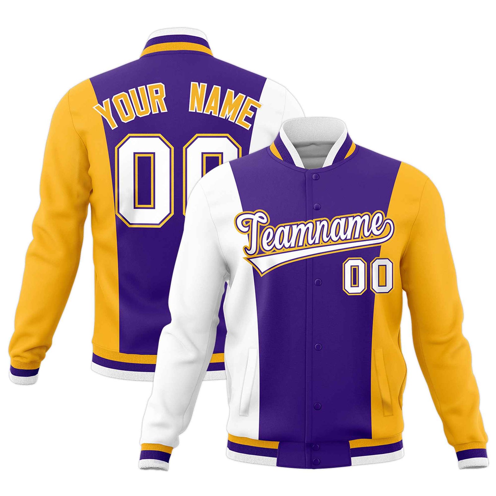 Custom Purple White Yellow Personalization Varsity Full-Snap Three Color Blocks Letterman Jacket| KXKSHOP