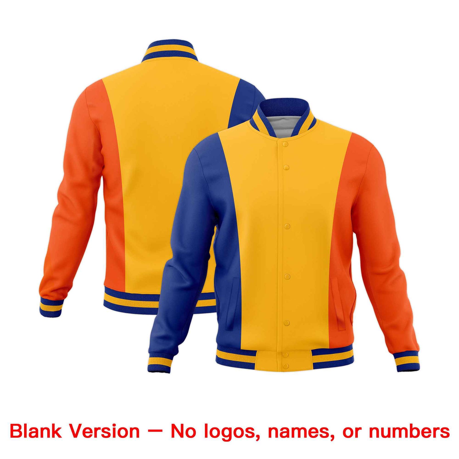 Custom Royal Blue Yellow Orange Personalization Varsity Full-Snap Three Color Blocks Letterman Jacket| KXKSHOP