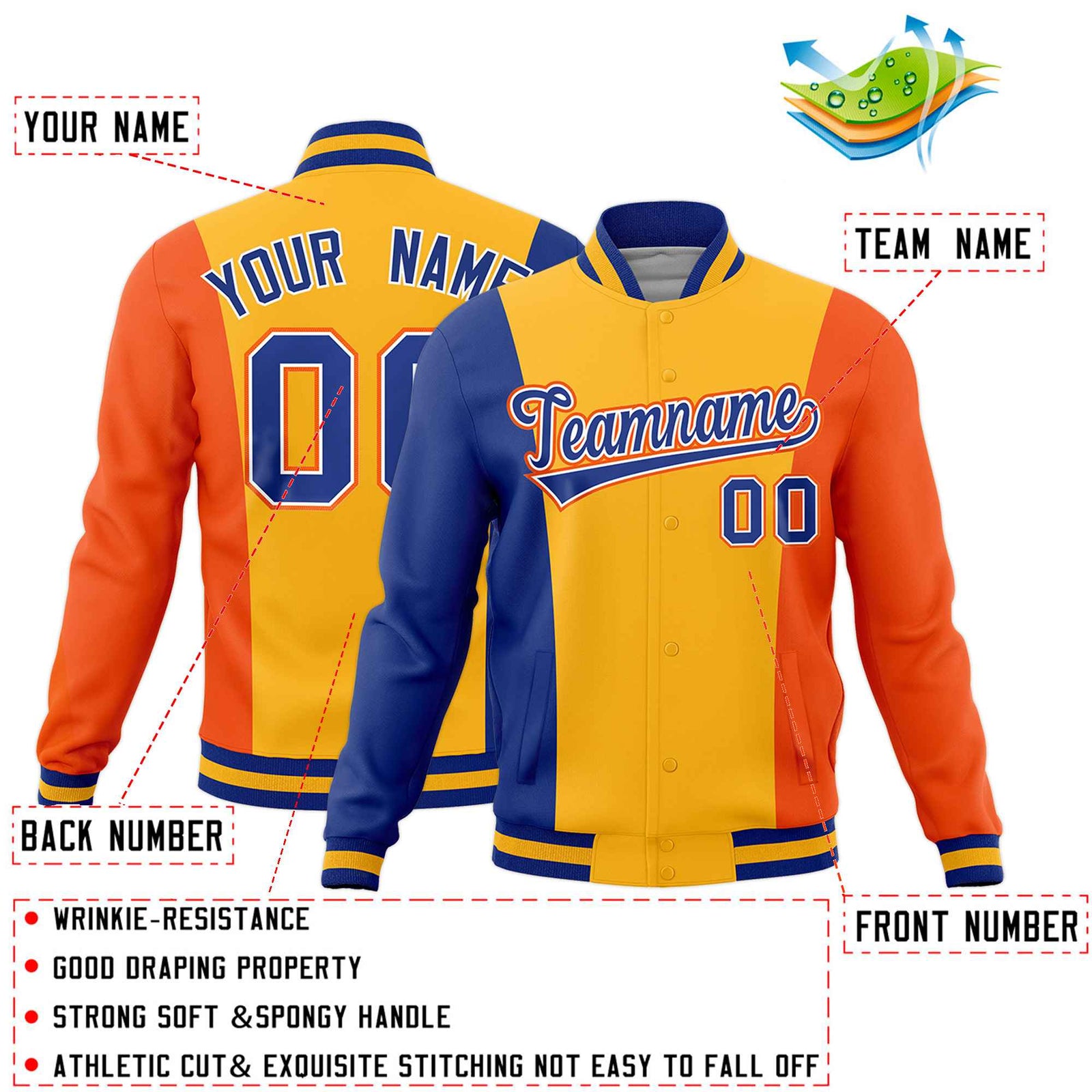 Custom Royal Blue Yellow Orange Personalization Varsity Full-Snap Three Color Blocks Letterman Jacket| KXKSHOP